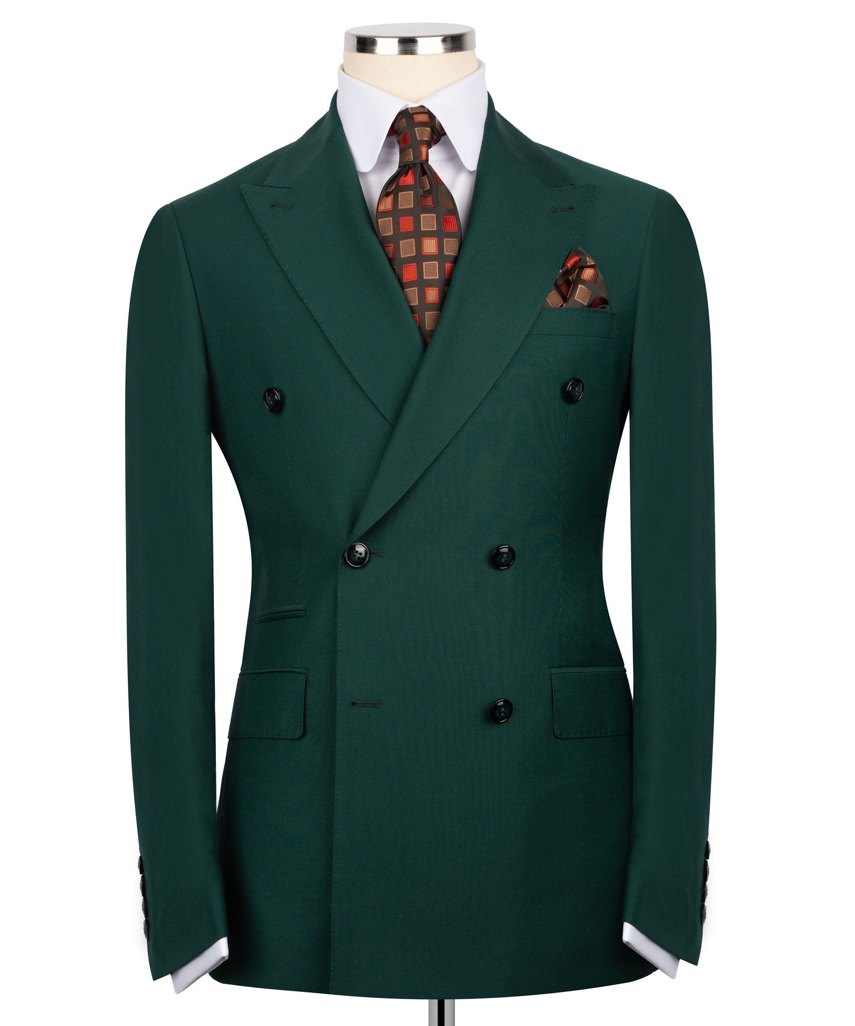 Dark green double-breasted blazer with notched lapels and black buttons