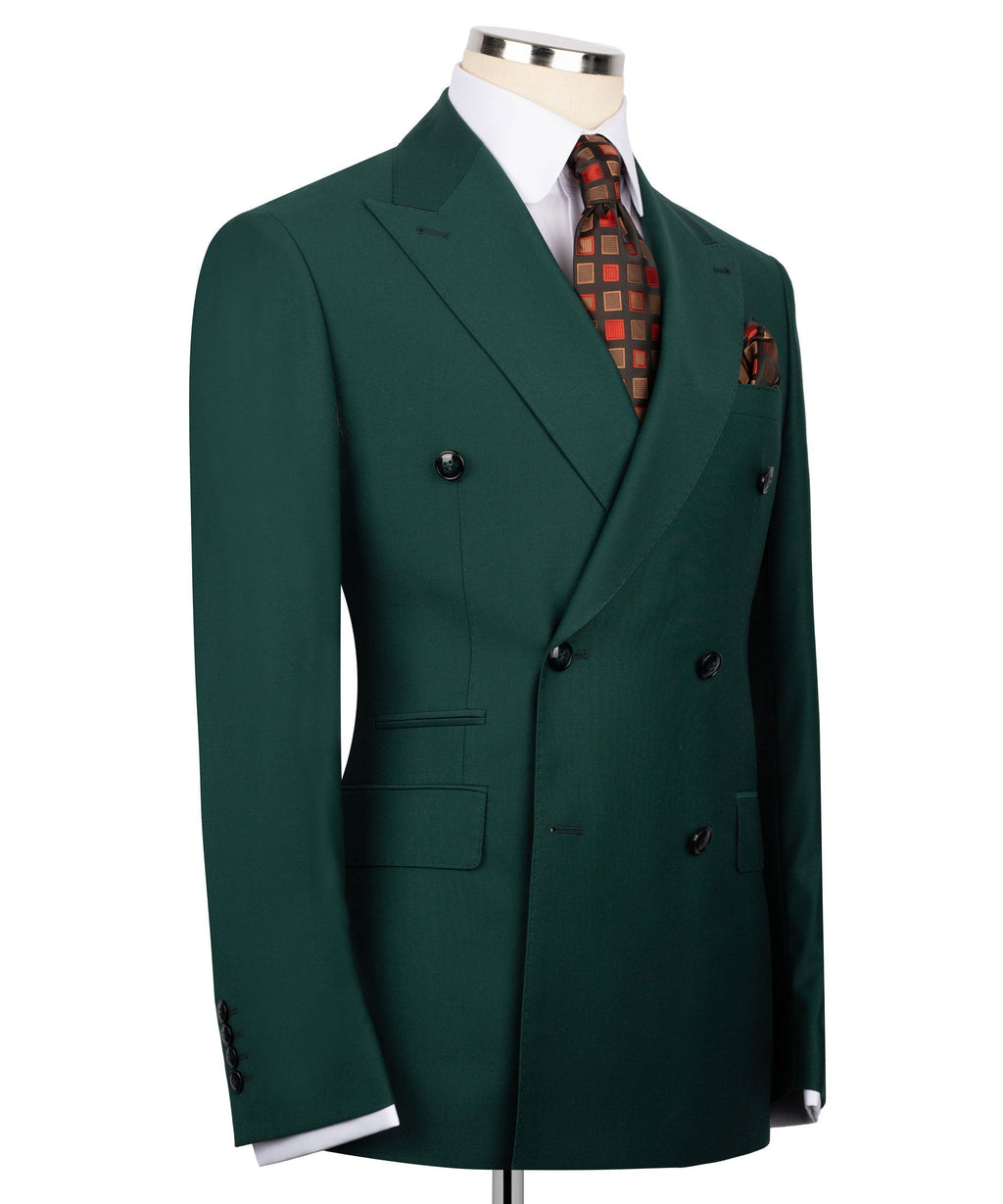 Dark green double-breasted blazer with chest pocket and patterned tie