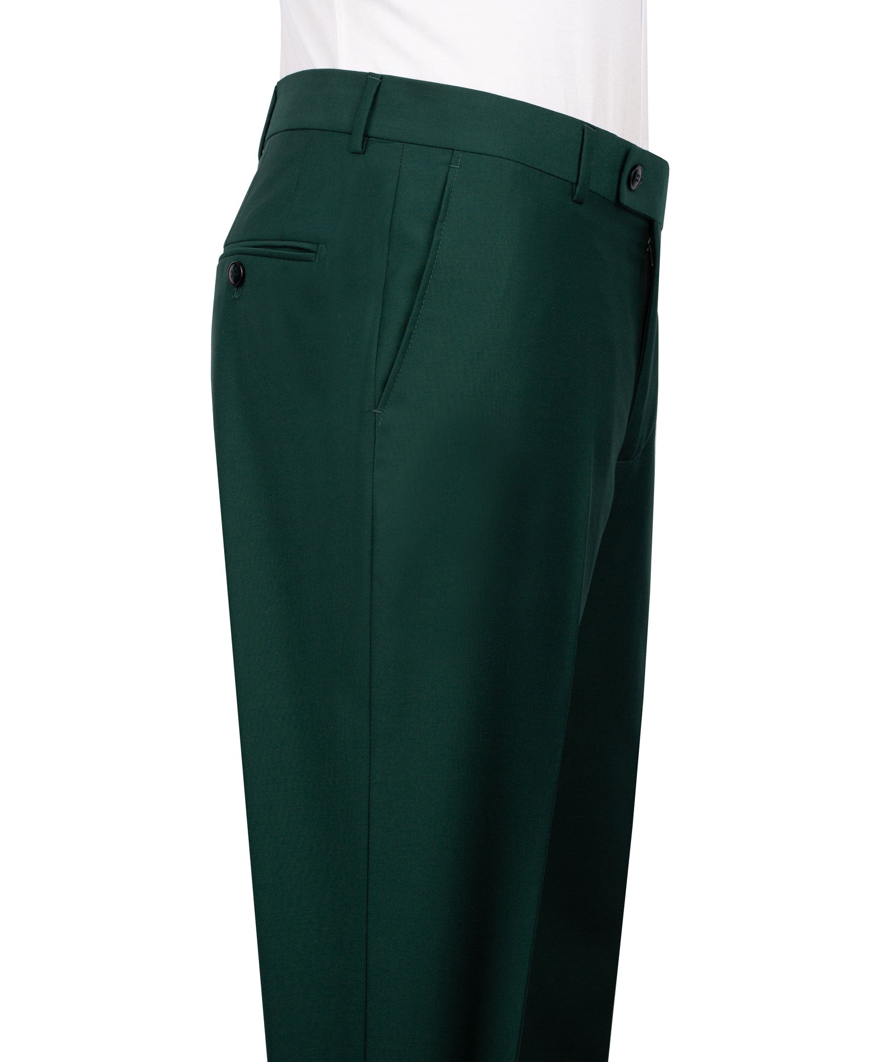 Dark green suit trousers with belt loops and buttoned front closure