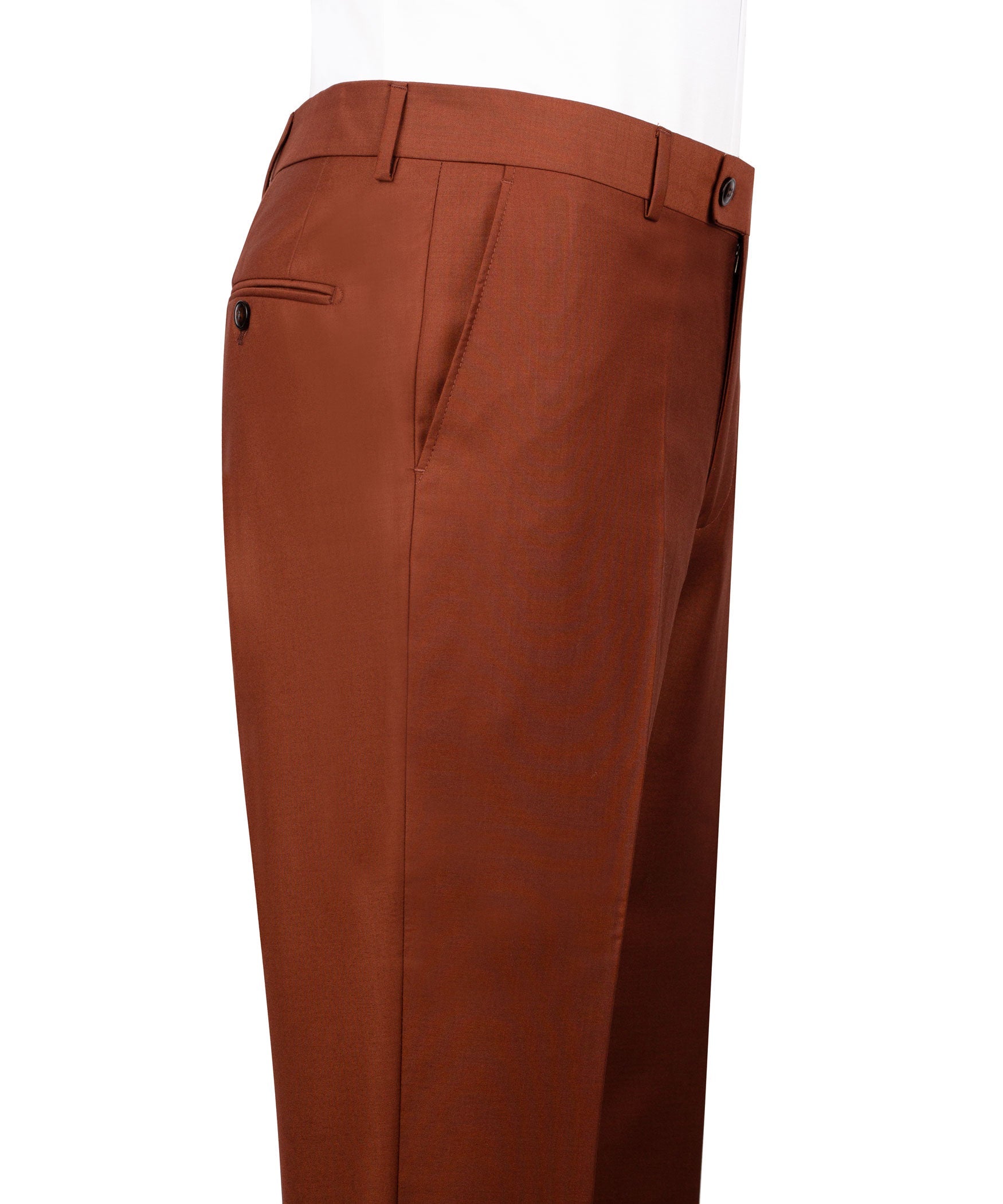 Rust-brown dress pants with belt loops, zip fly, and front crease
