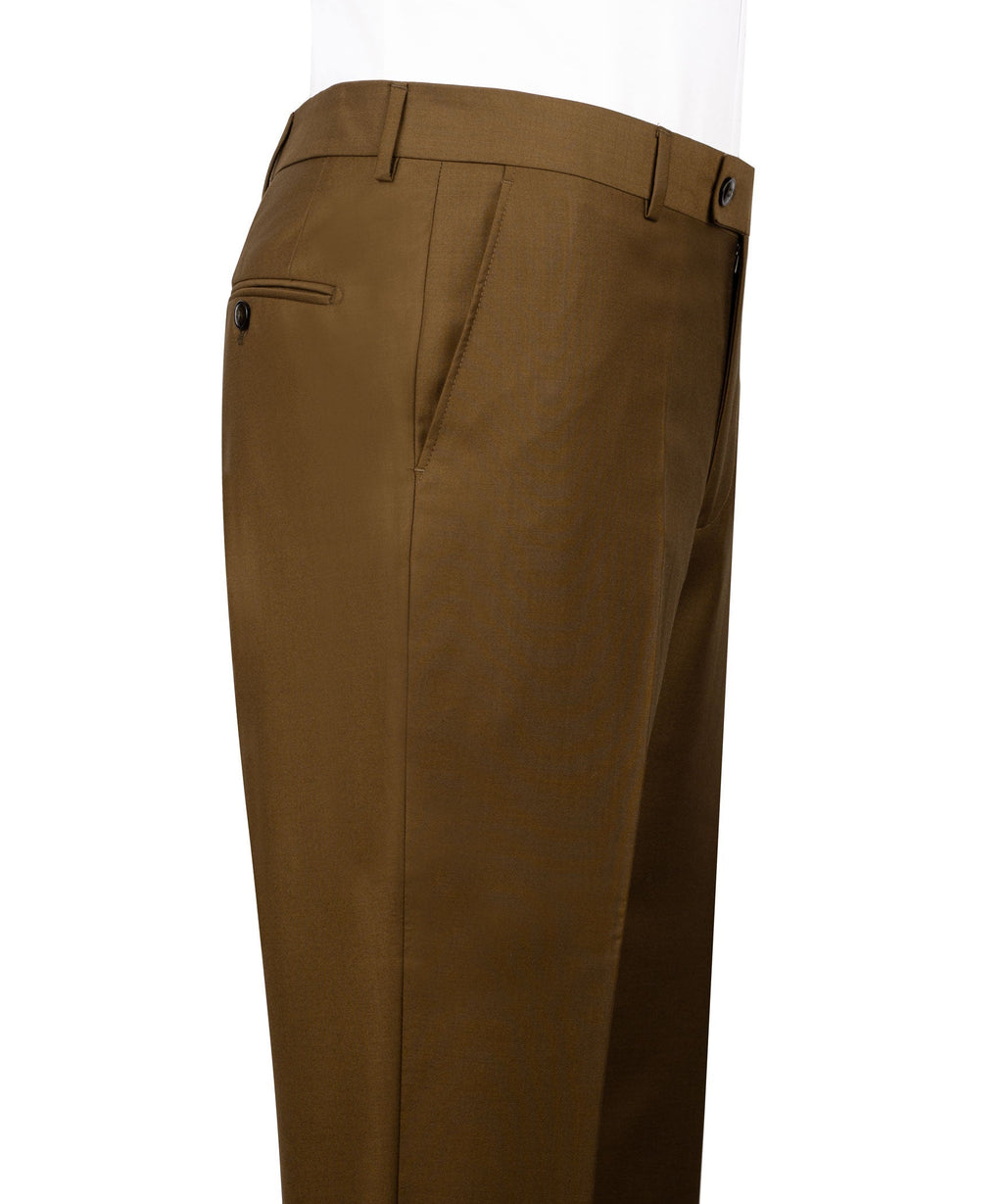 Brown tailored dress pants with belt loops, button closure, and side pockets