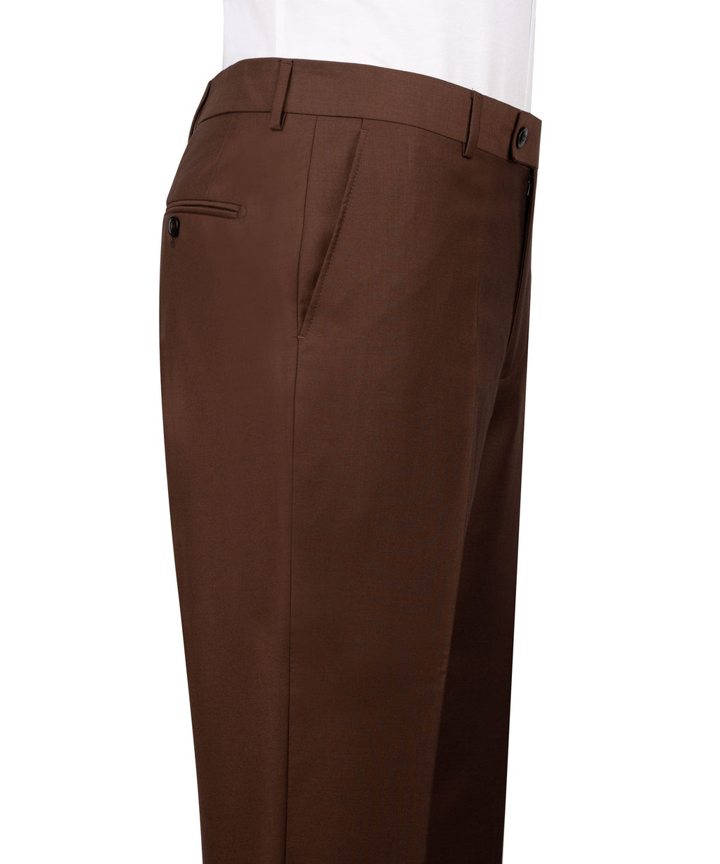 Dark brown two-piece suit pants with belt loops, button closure, and side pockets