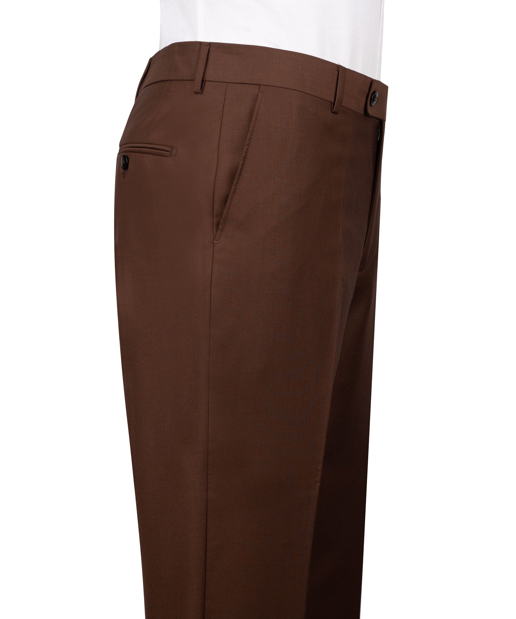 Dark brown two-piece suit pants with belt loops, button closure, and side pockets