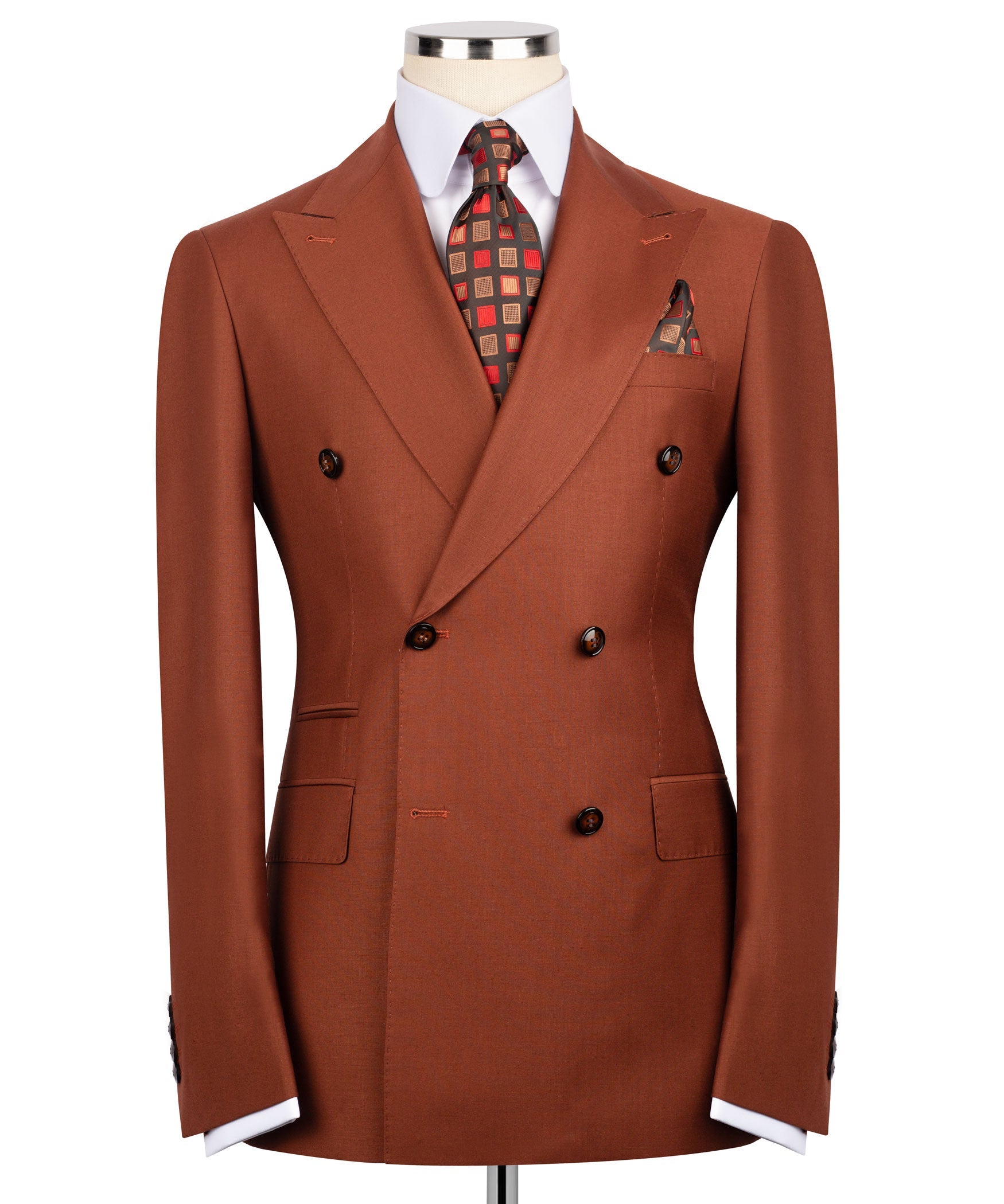 Rust-brown double-breasted suit jacket with notch lapels, flap pockets, matching buttons