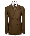 Brown double-breasted suit jacket with notch lapels, button details, and chest pocket