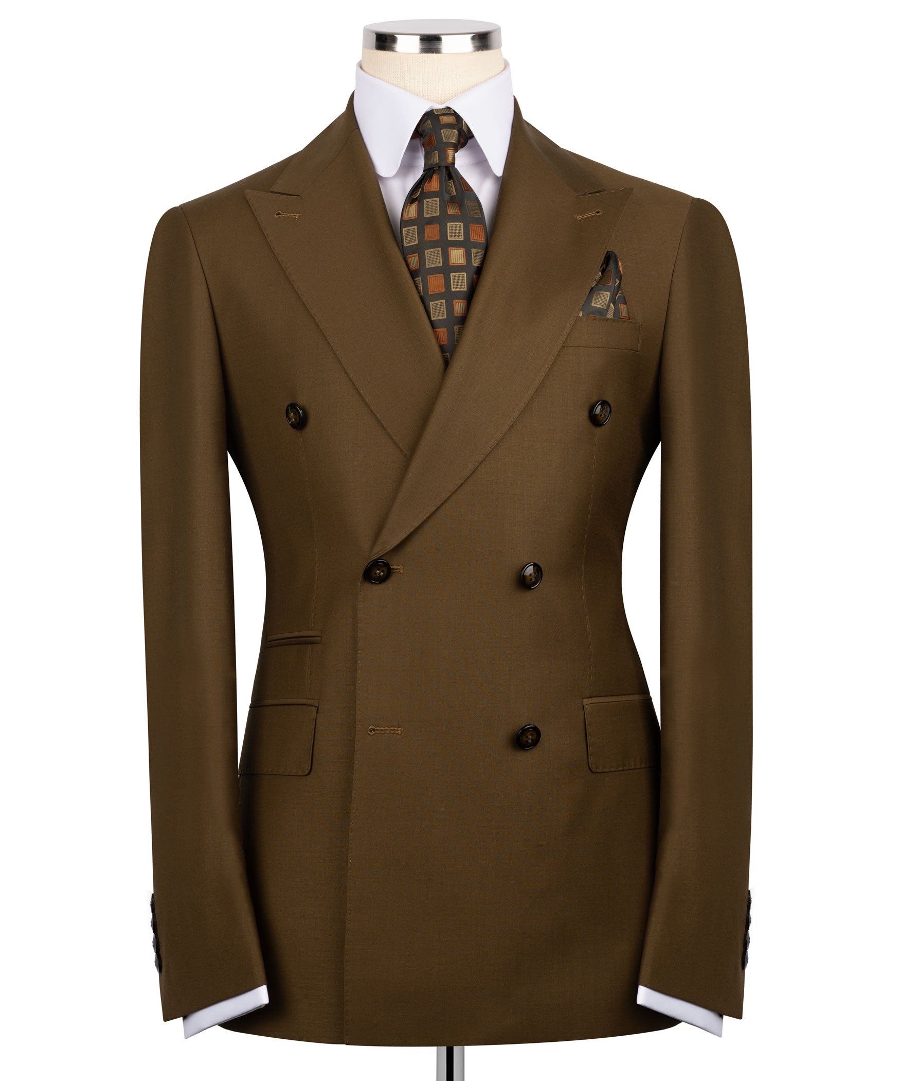 Brown double-breasted suit jacket with notch lapels, button details, and chest pocket