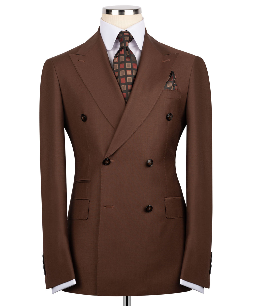 Dark brown double-breasted suit jacket with notch lapels, chest pocket, button cuffs