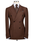 Dark brown double-breasted suit jacket with notch lapels, chest pocket, button cuffs