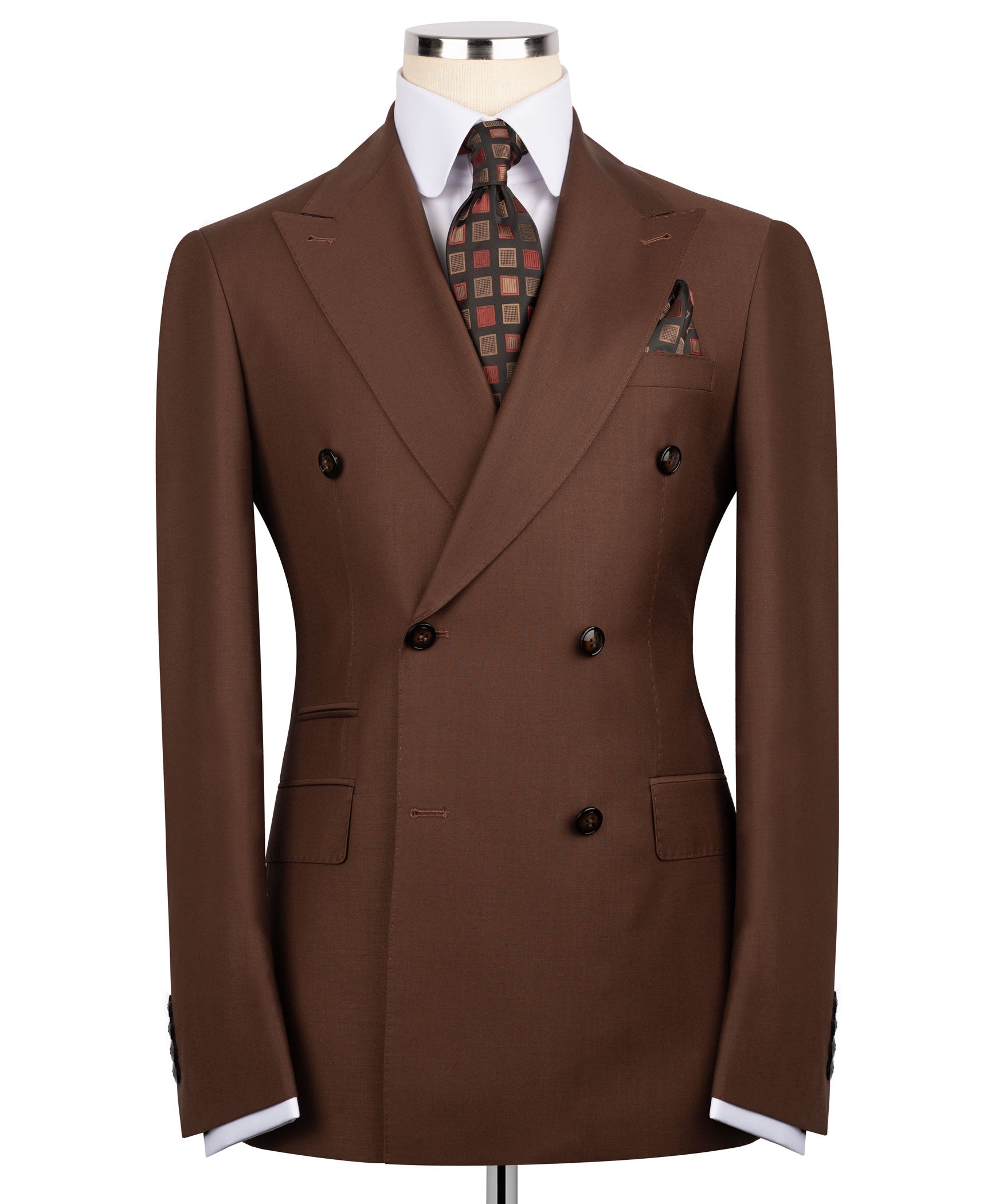 Dark brown double-breasted suit jacket with notch lapels, chest pocket, button cuffs
