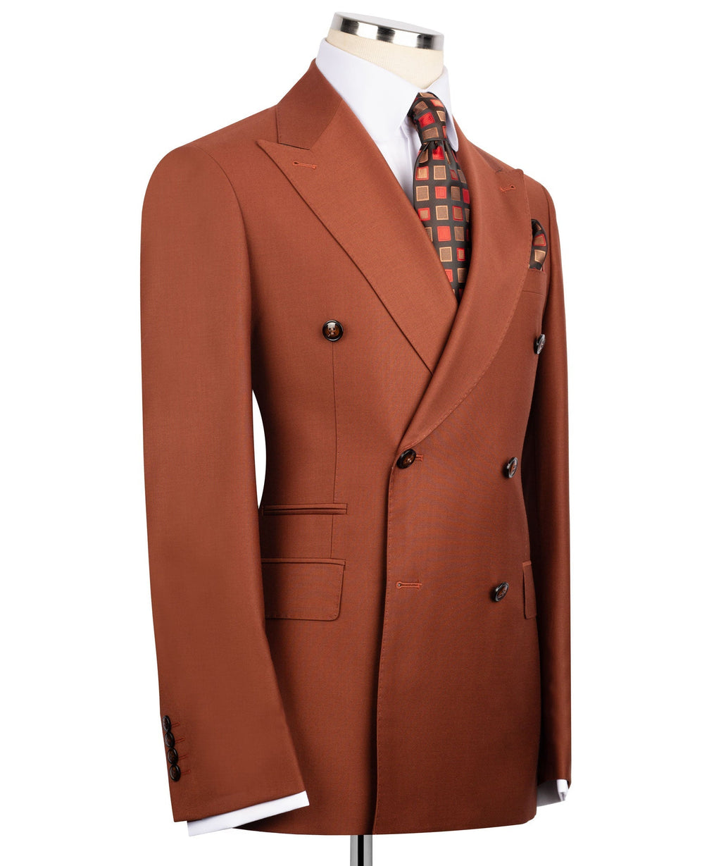 Rust-brown double-breasted suit jacket with pocket square and plaid patterned inner lining