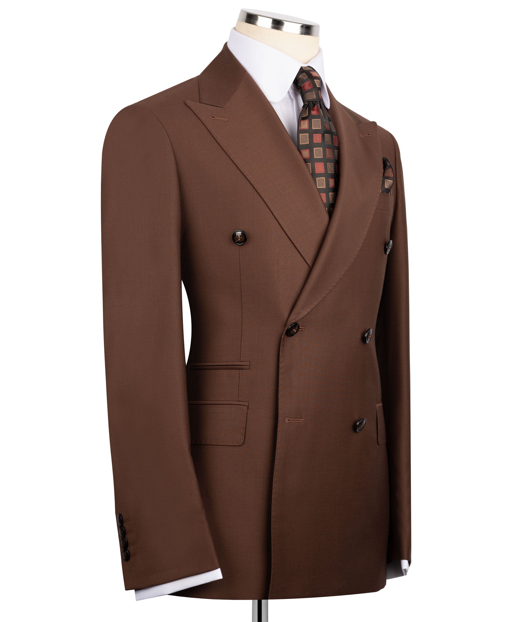 Dark brown double-breasted suit jacket, side view with flap pockets and patterned lining