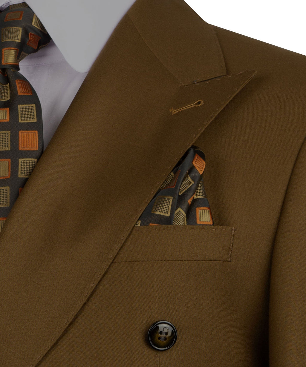 Brown suit jacket lapel and chest pocket detail with patterned lining and button