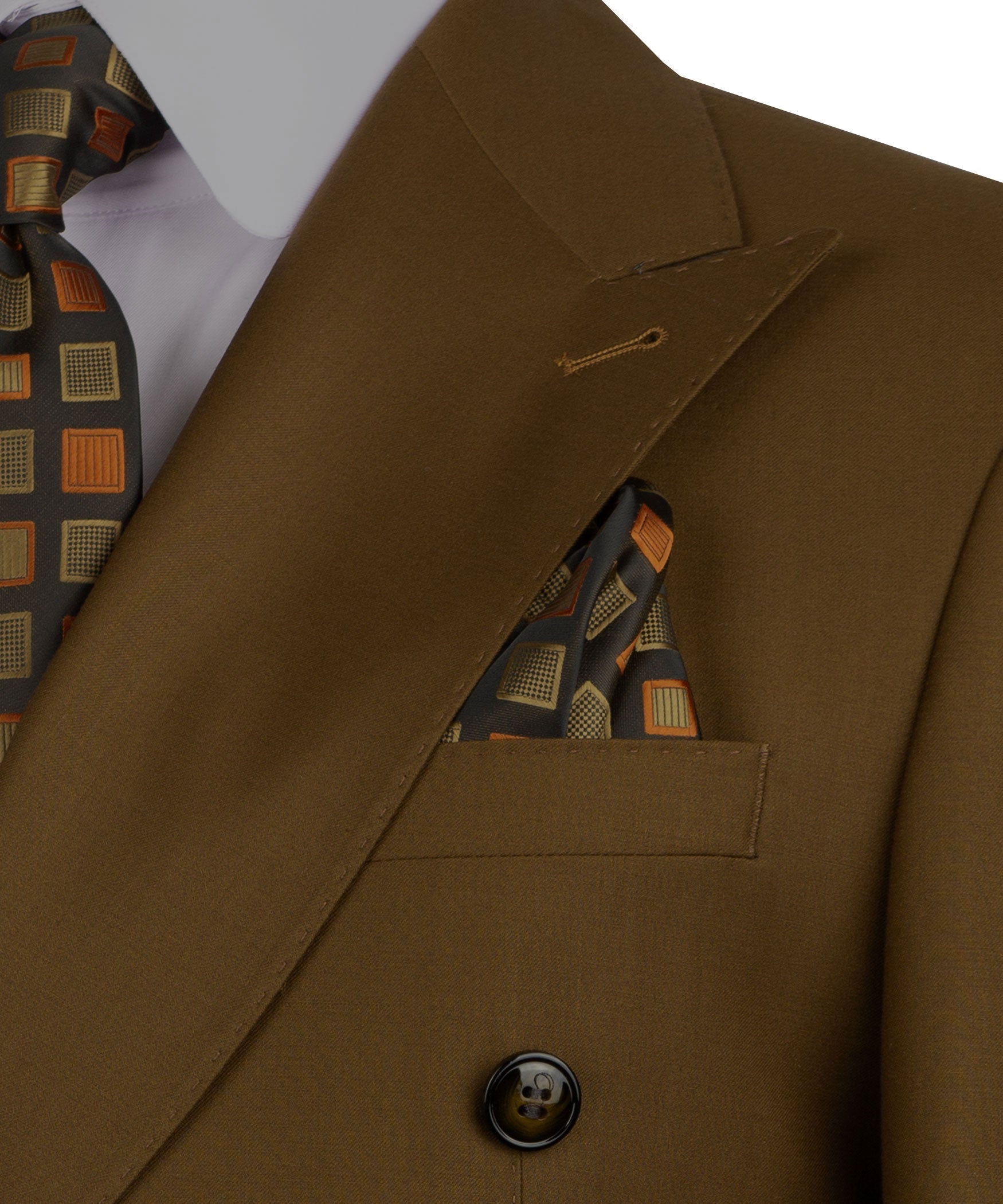 Brown suit jacket lapel and chest pocket detail with patterned lining and button