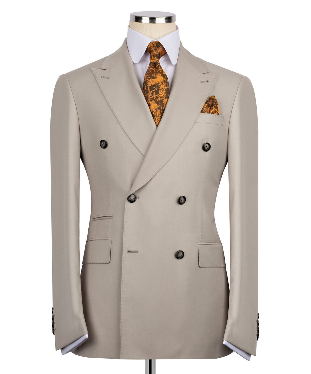 Light taupe double-breasted suit jacket with dark buttons, notch lapels, pocket square