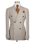 Light taupe double-breasted suit jacket with dark buttons, notch lapels, pocket square