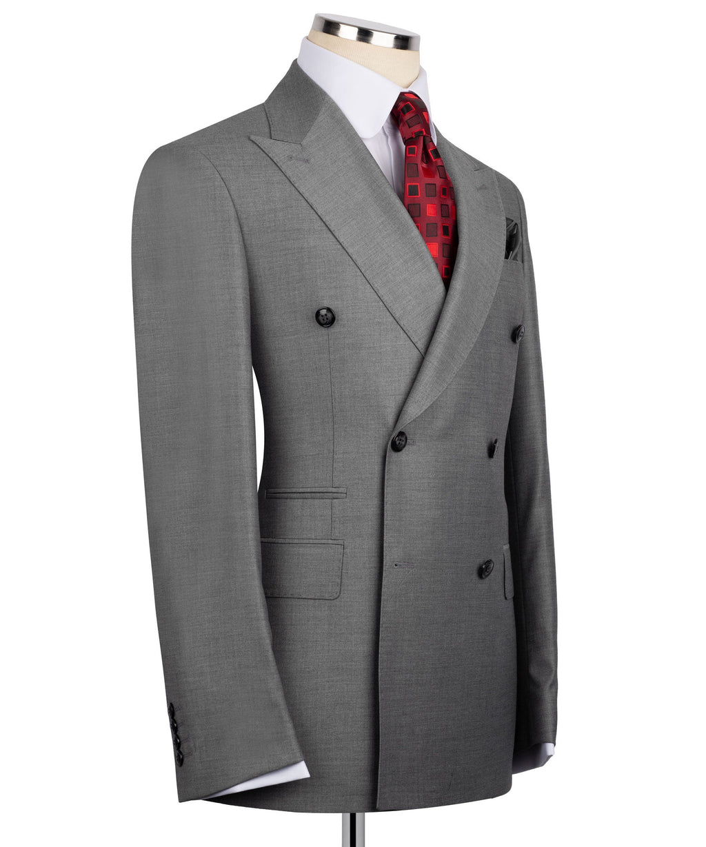 Grey double-breasted suit jacket side view with flap pockets and red patterned pocket square