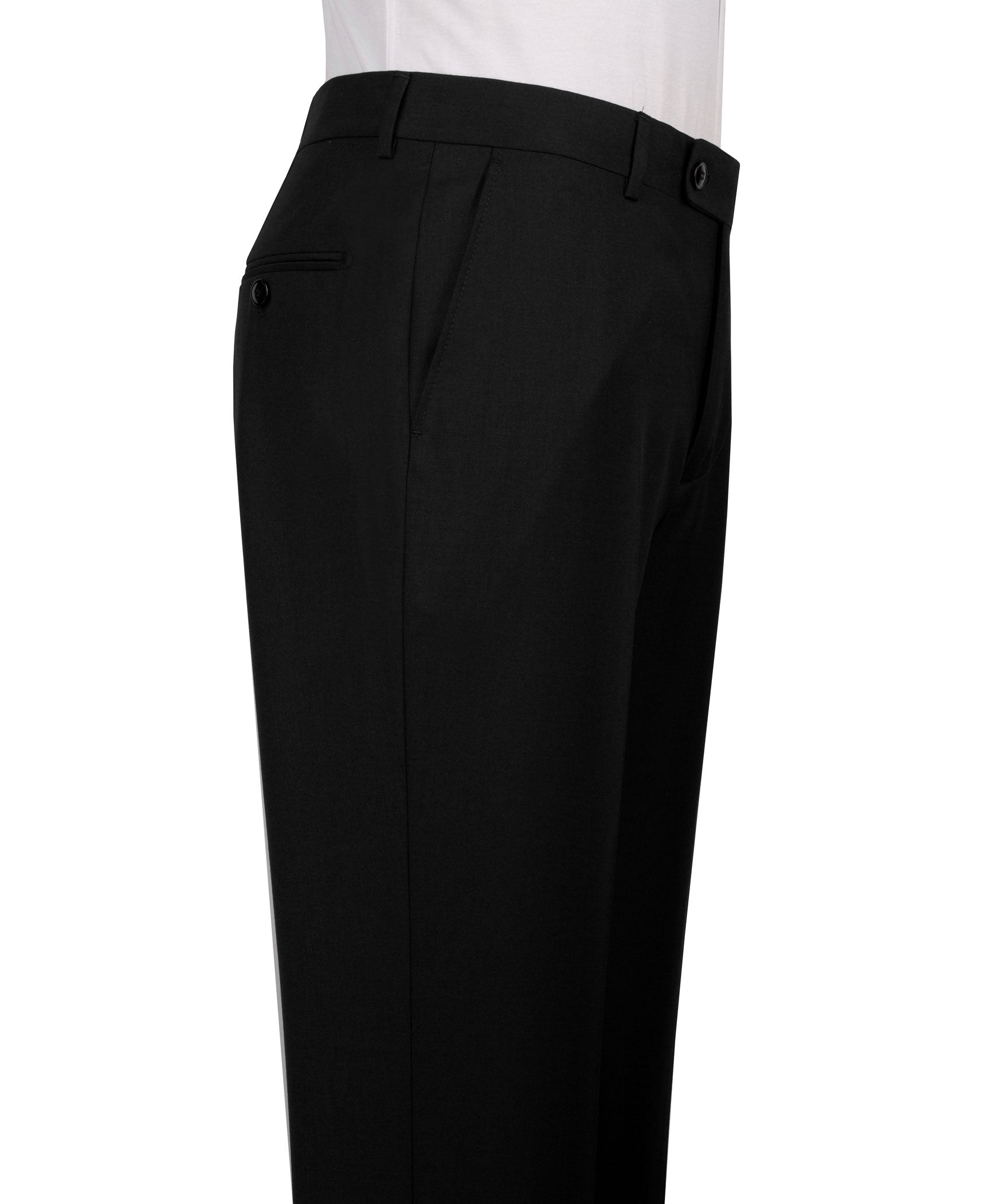 Black suit trousers with waistband, button closure, and front crease