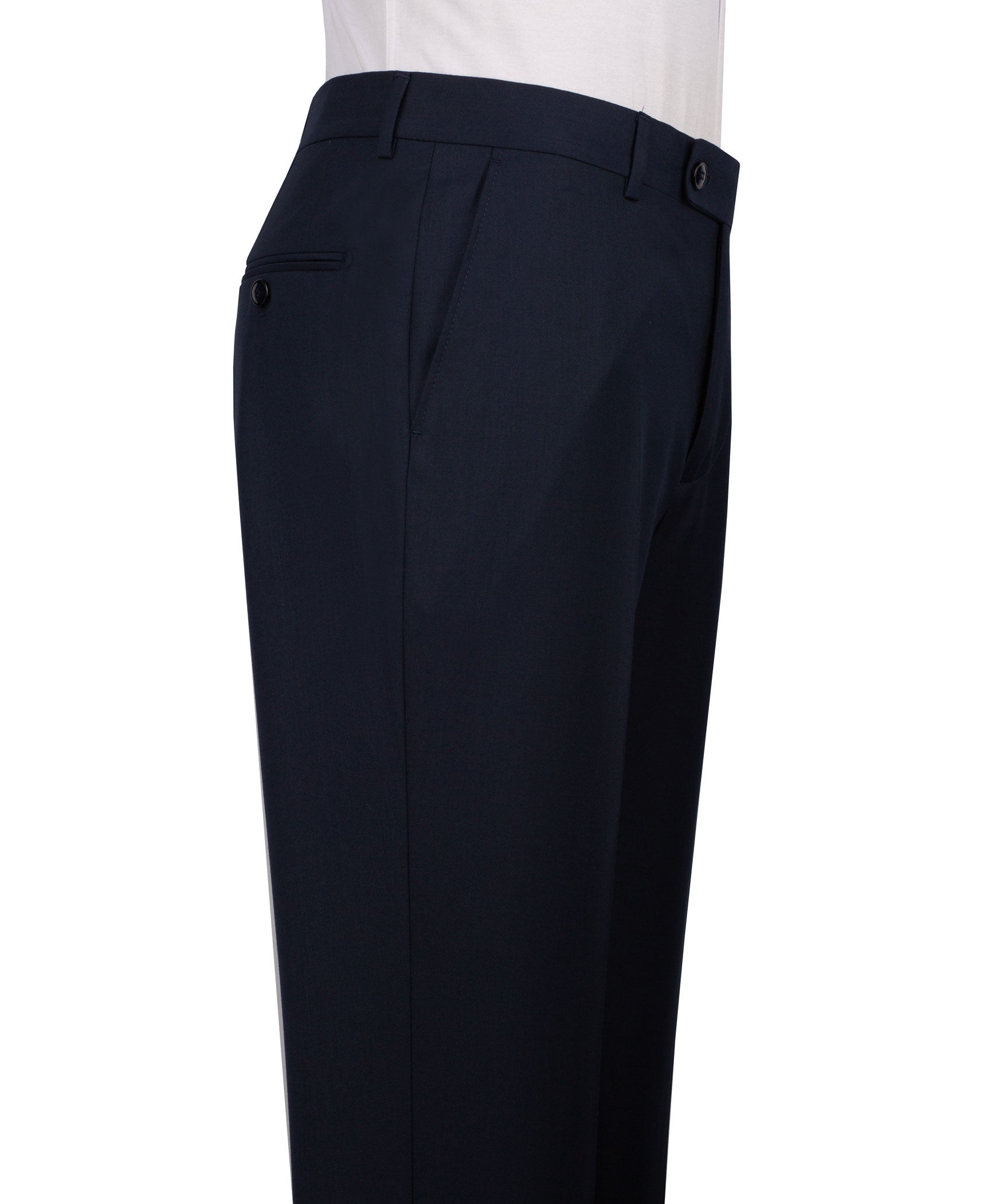 Navy dress trousers with belt loops, button closure, and side pockets