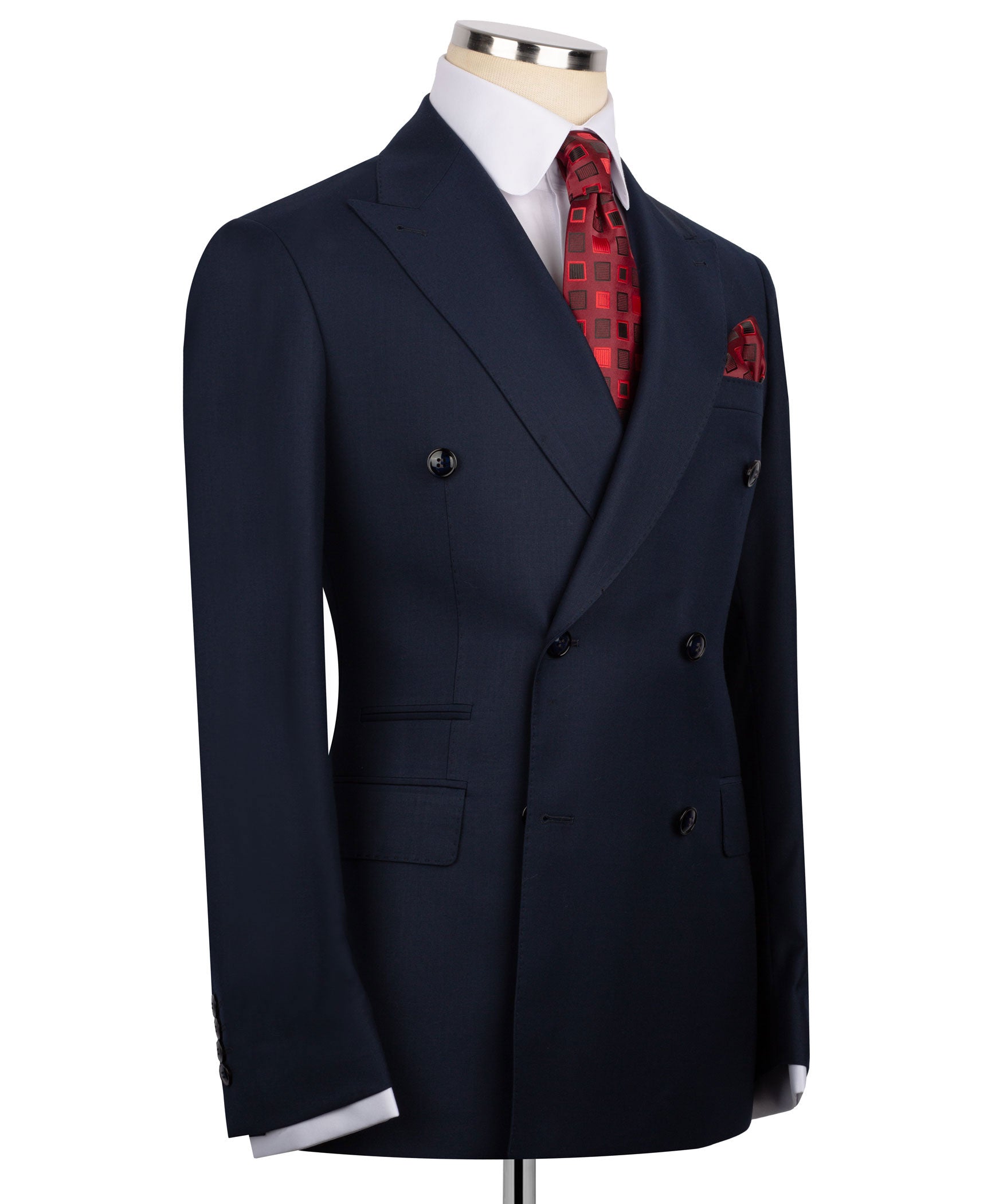 Navy double-breasted blazer angled view with black buttons and red pocket square