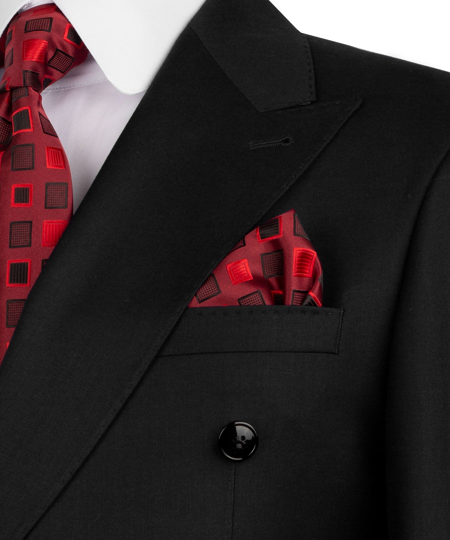 Close-up of black lapel with double-breasted button and red patterned pocket square