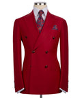 Red double-breasted suit jacket with patterned tie and pocket square, two rows of buttons