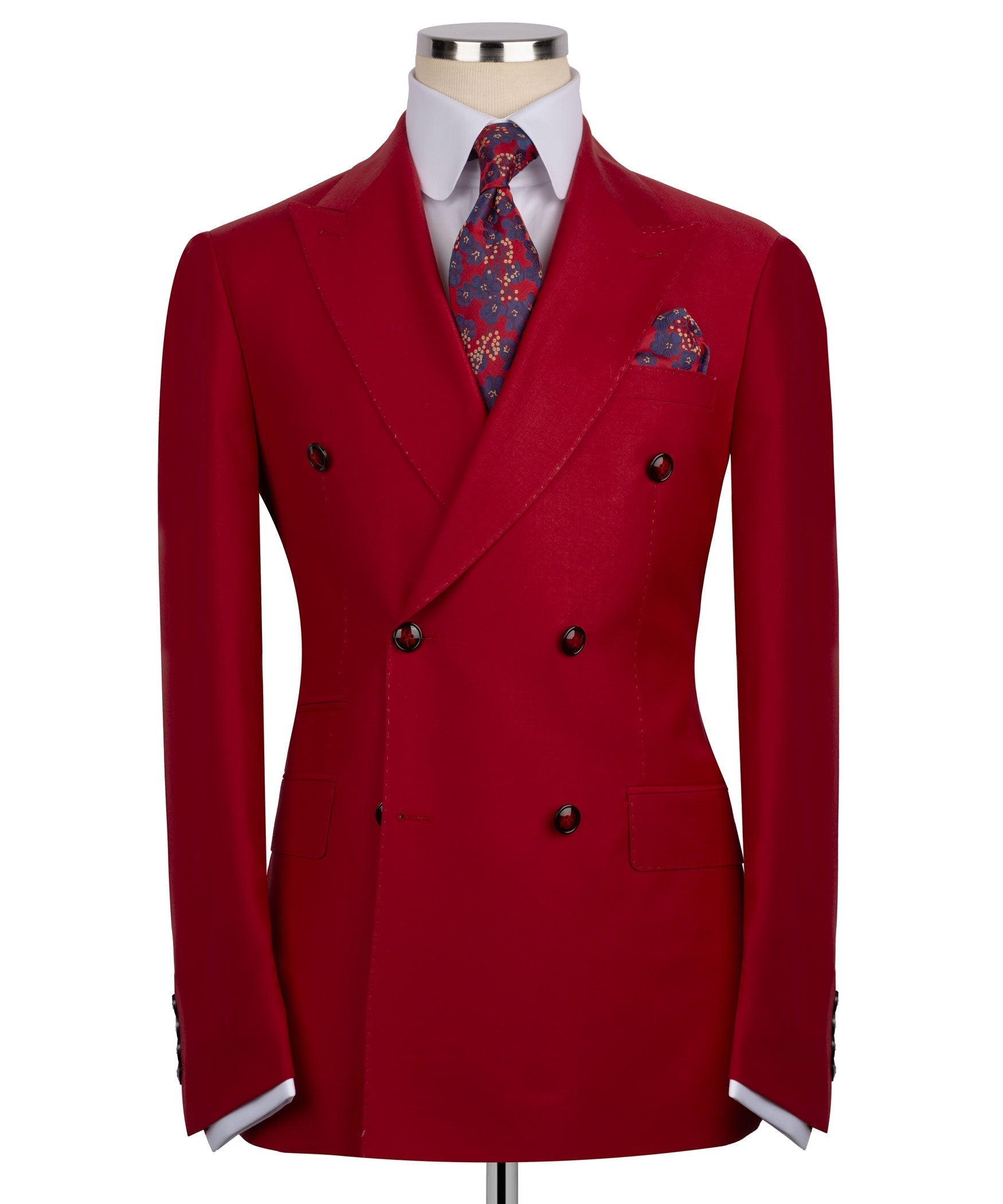 Red double-breasted suit jacket with patterned tie and pocket square, two rows of buttons