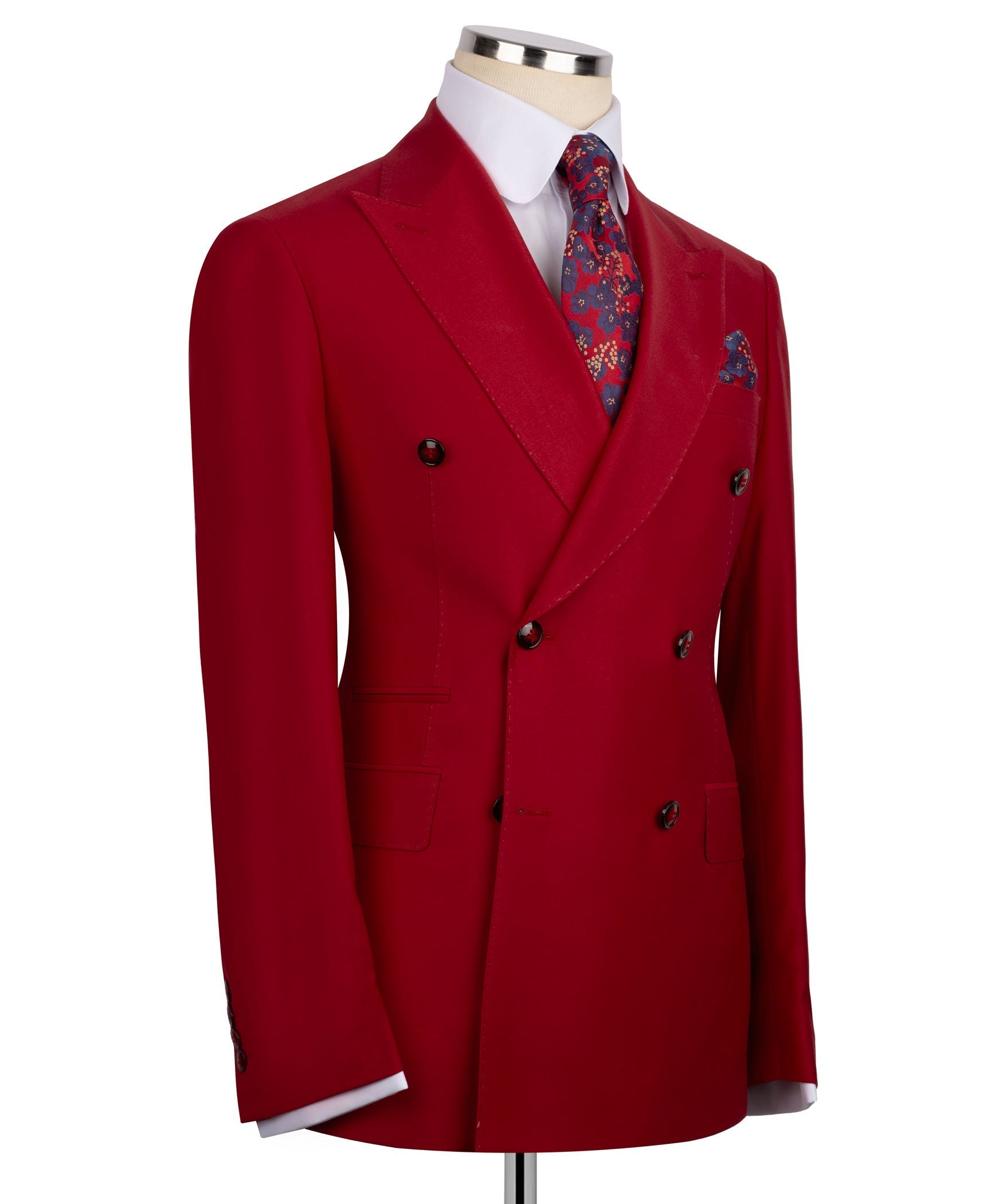 Red double-breasted suit jacket with notch lapels and multiple buttons; patterned tie at collar