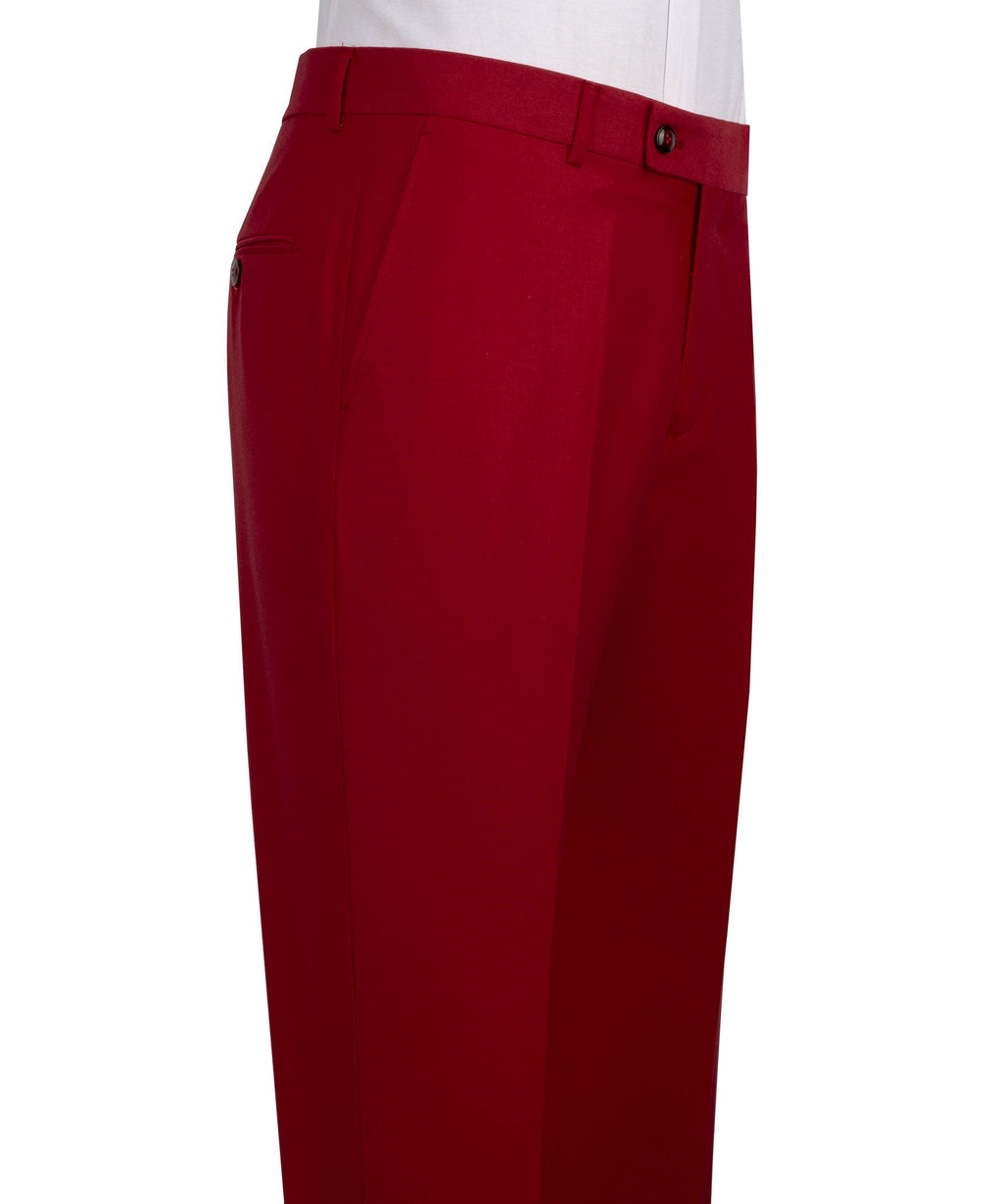 Red suit trousers with waistband button, belt loops, and straight-leg fit