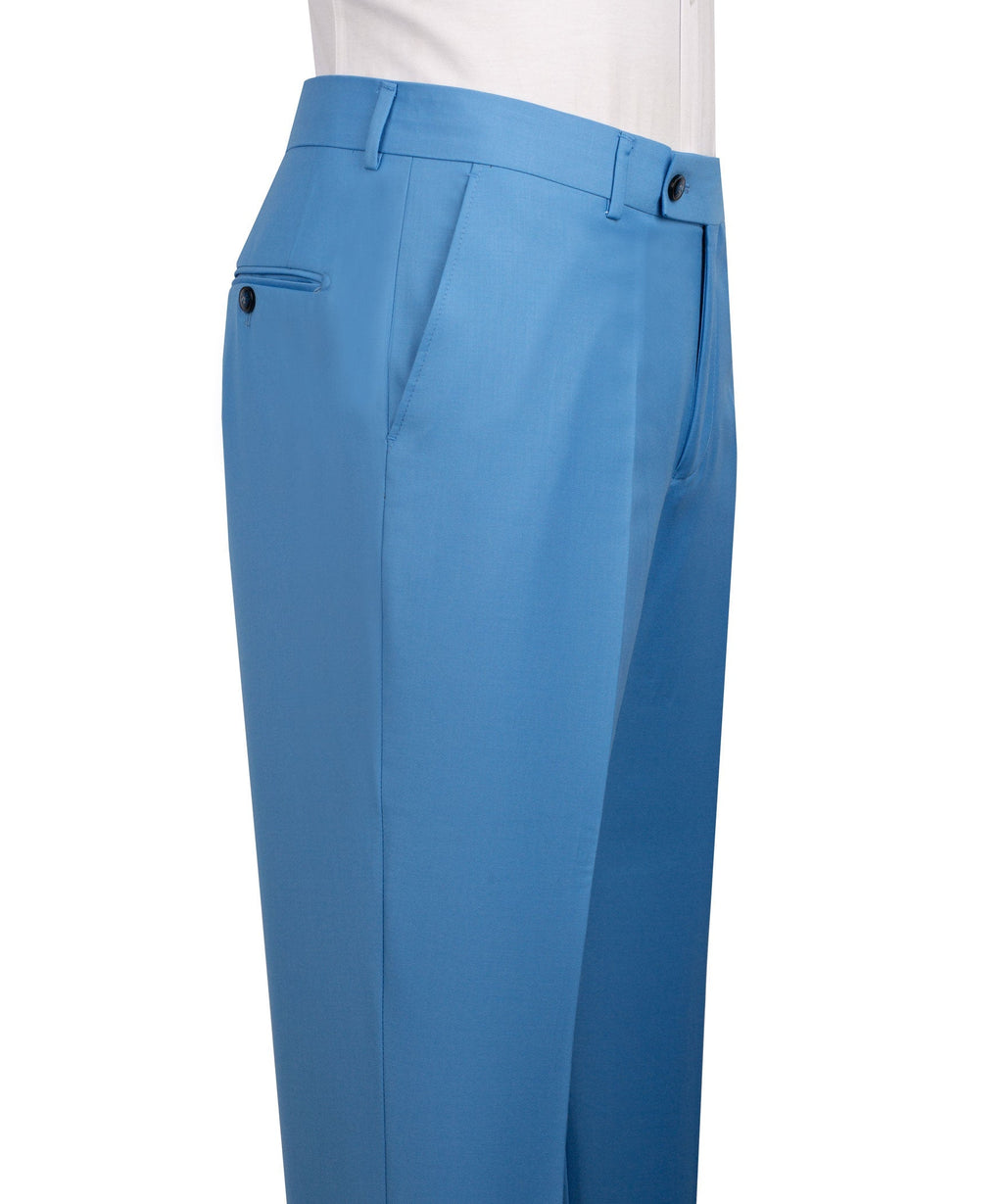 Light blue dress pants with belt loops, front pleat, and single button closure