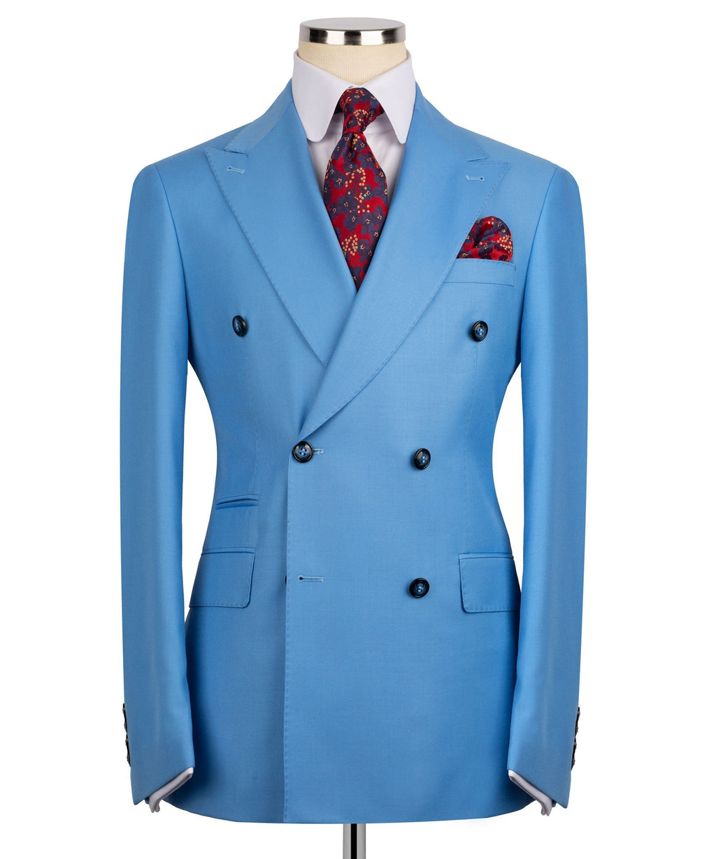 Light blue double-breasted suit jacket with notch lapels, black buttons, red pocket square