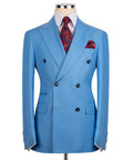 Light blue double-breasted suit jacket with notch lapels, black buttons, red pocket square