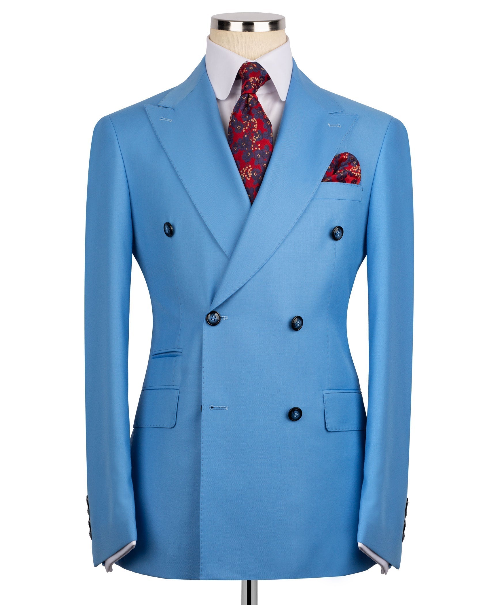 Light blue double-breasted suit jacket with notch lapels, black buttons, red pocket square