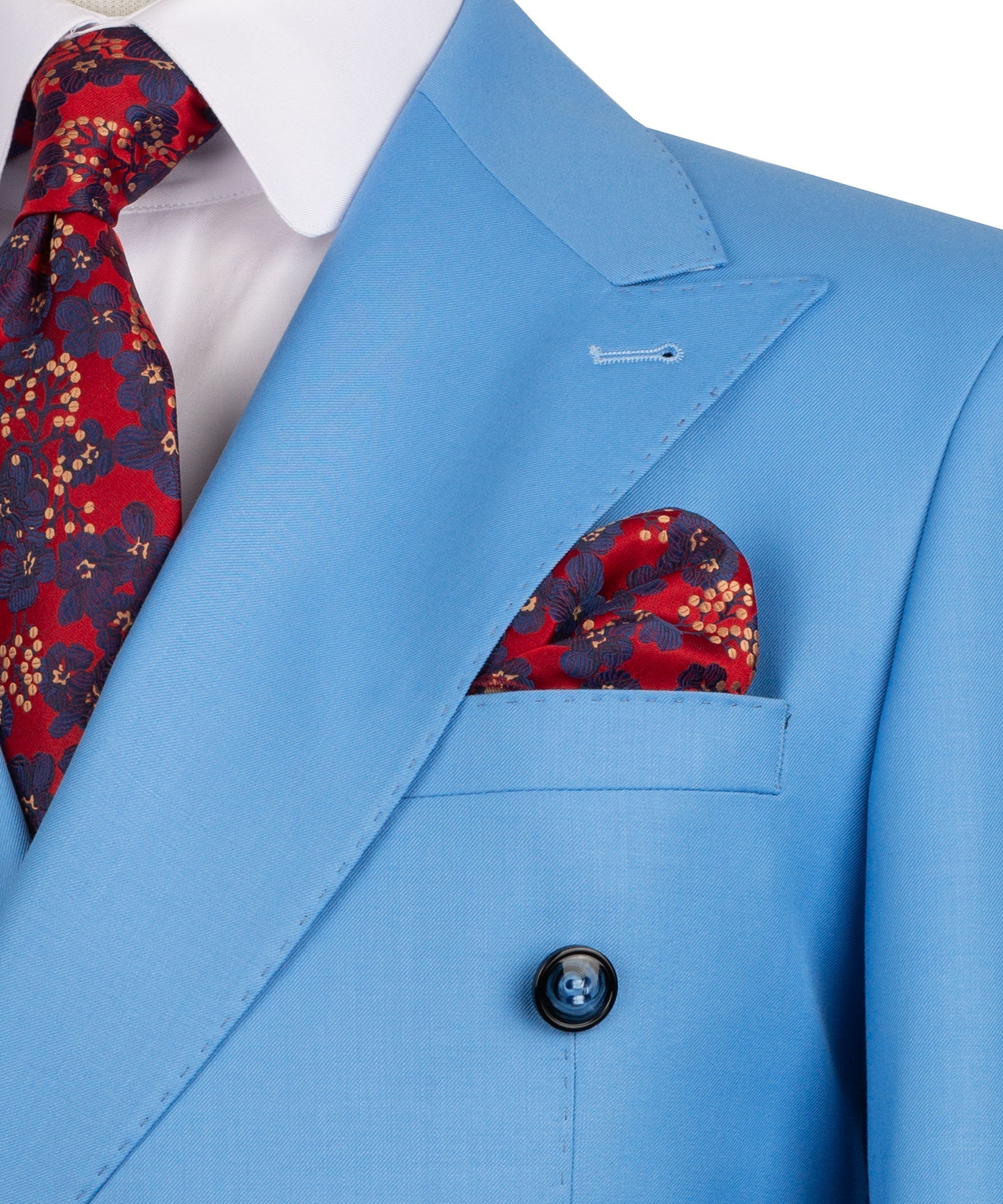 Light blue suit jacket close-up with chest pocket, dark buttons, red patterned pocket square