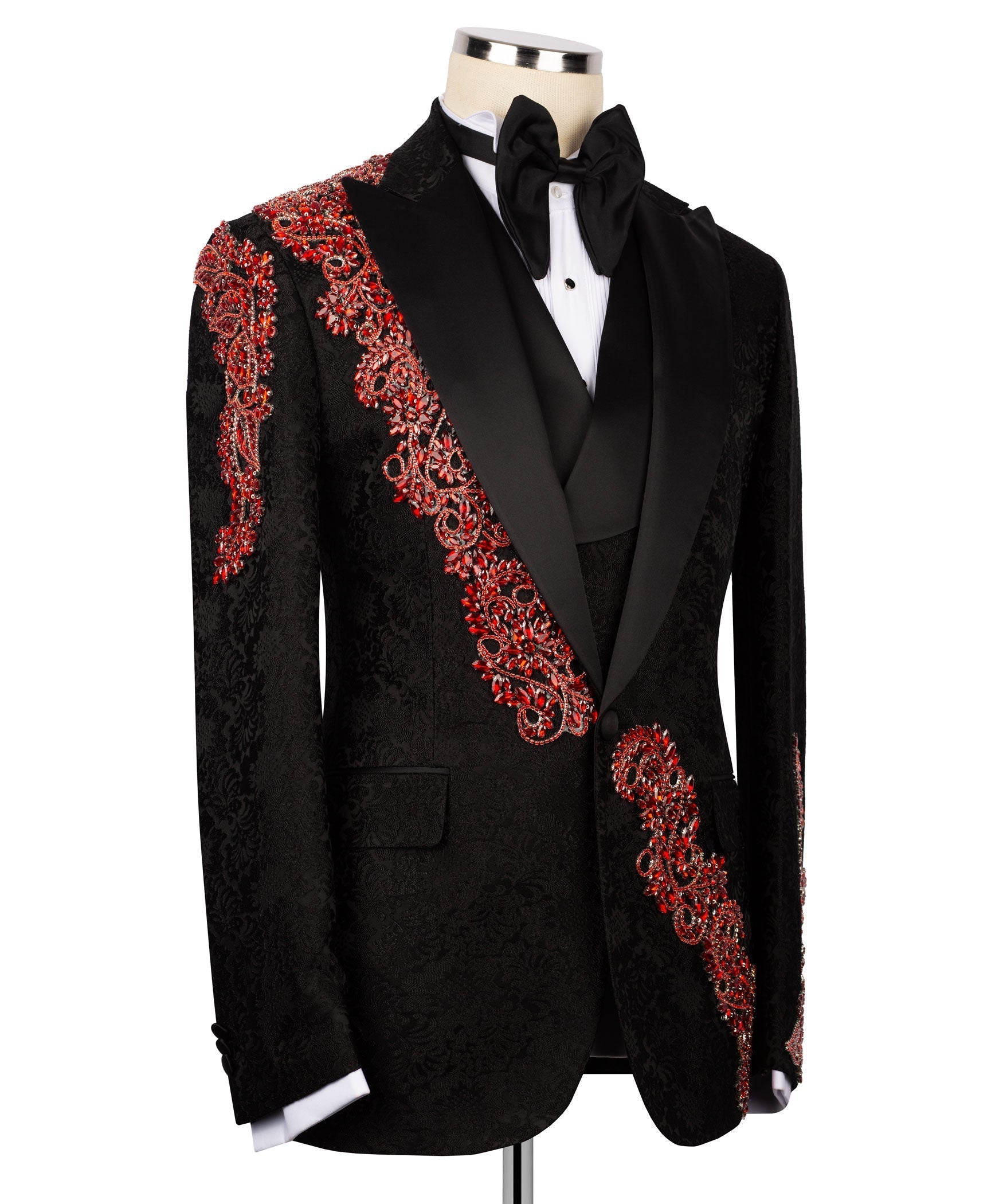 Black tuxedo jacket with red jeweled embroidery on shoulder and chest pocket
