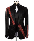 Black tuxedo jacket with red jeweled embroidery trim and satin lapels, bow tie