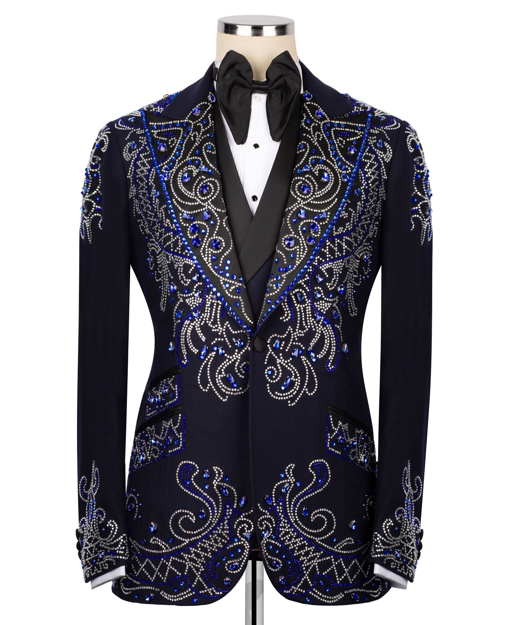 Black tuxedo jacket with blue and silver rhinestone scroll embroidery, full front view