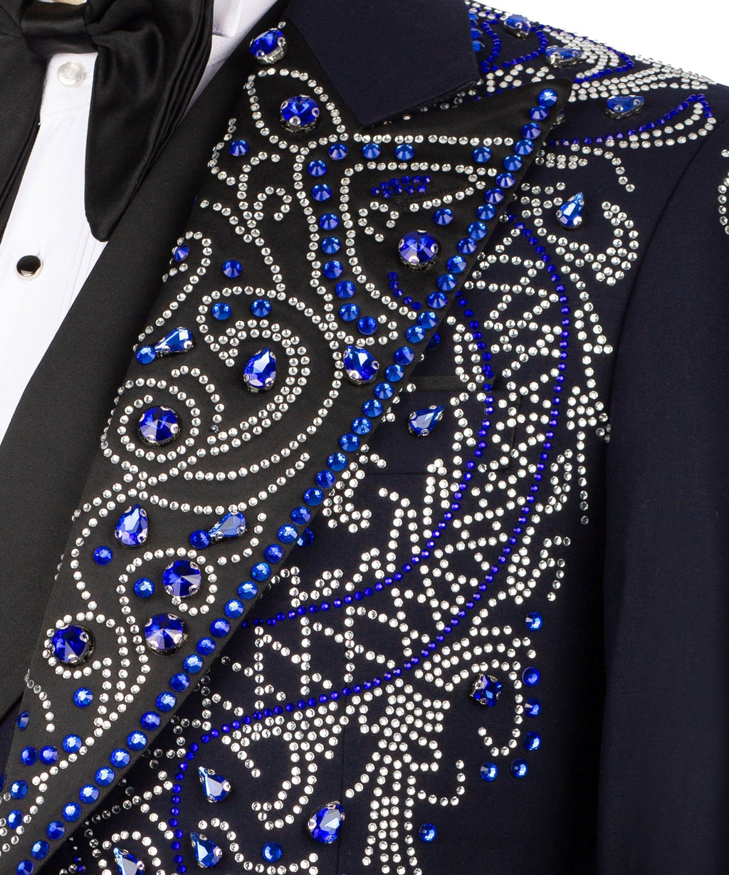 Close-up: blue and silver rhinestone embroidery on black tuxedo jacket lapel