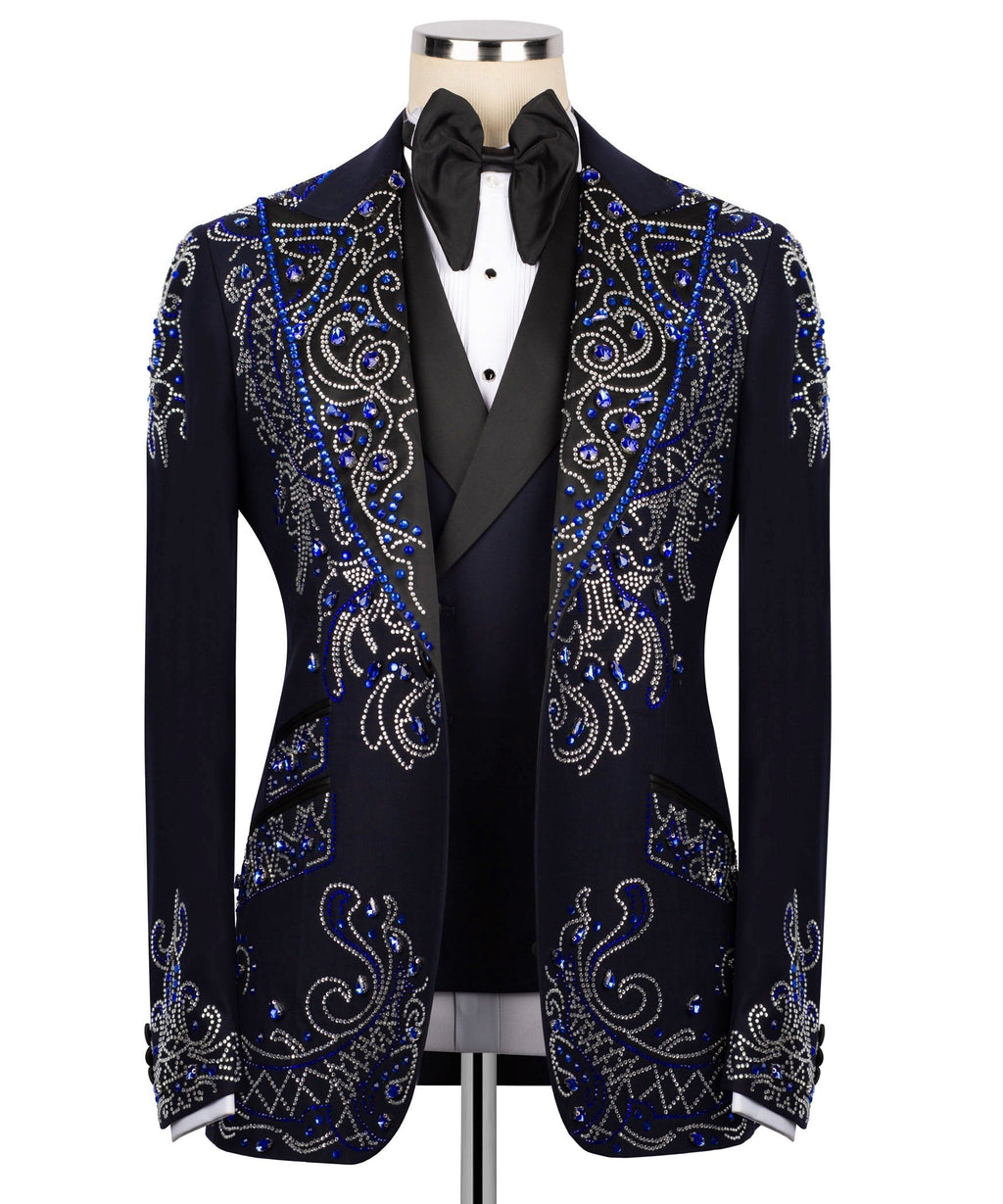 Black tuxedo jacket with blue & silver rhinestone scroll embroidery, bow tie