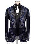 Black tuxedo jacket with blue & silver rhinestone scroll embroidery, bow tie