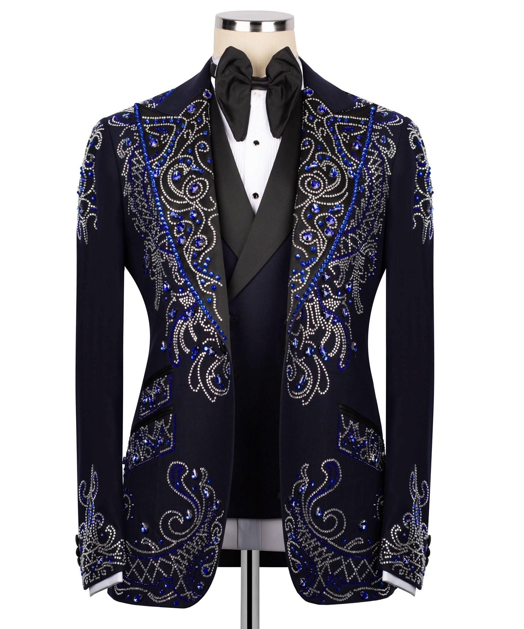 Black tuxedo jacket with blue & silver rhinestone scroll embroidery, bow tie