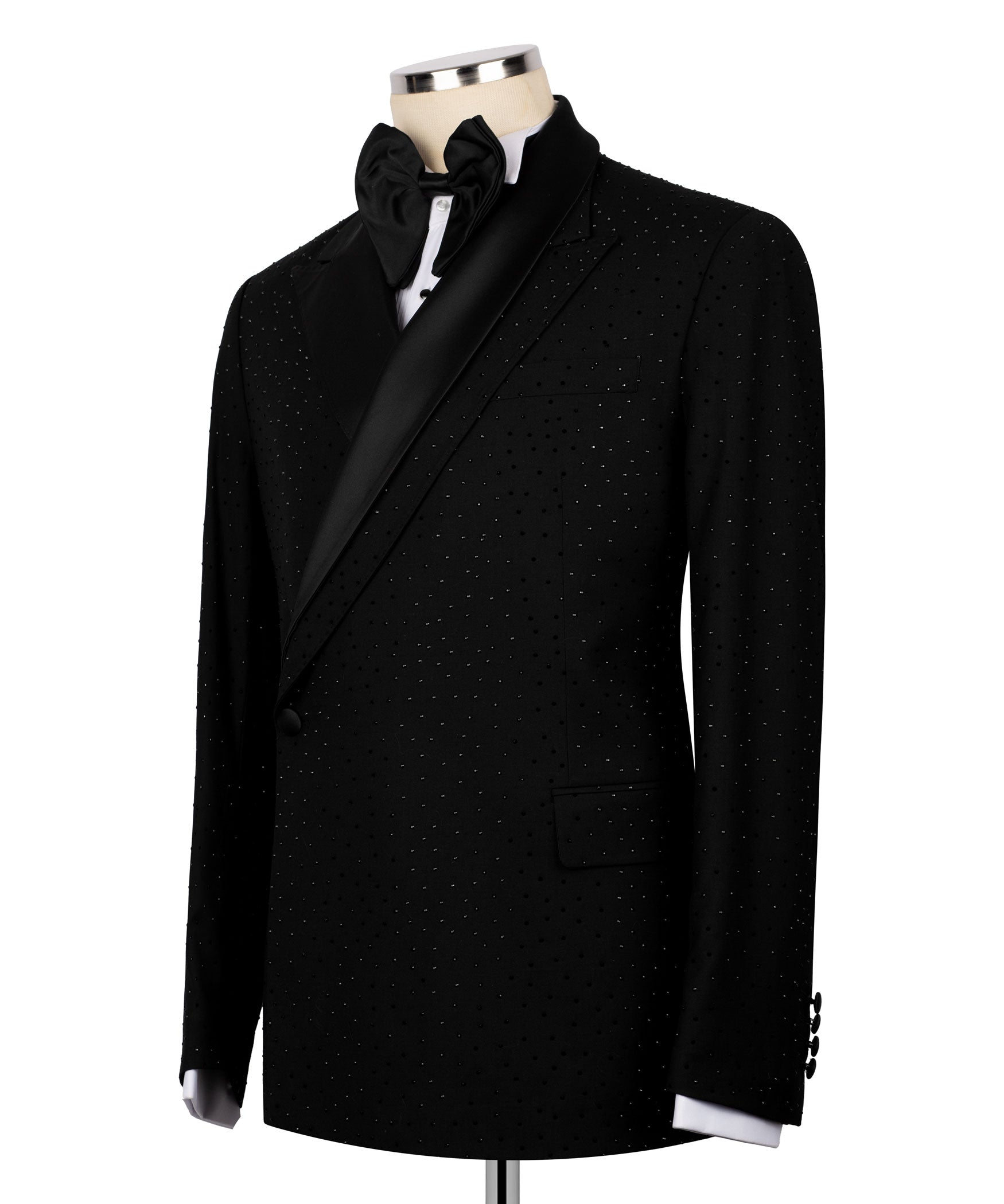 Black tuxedo jacket with stone-speckled texture, satin lapel, and chest pocket
