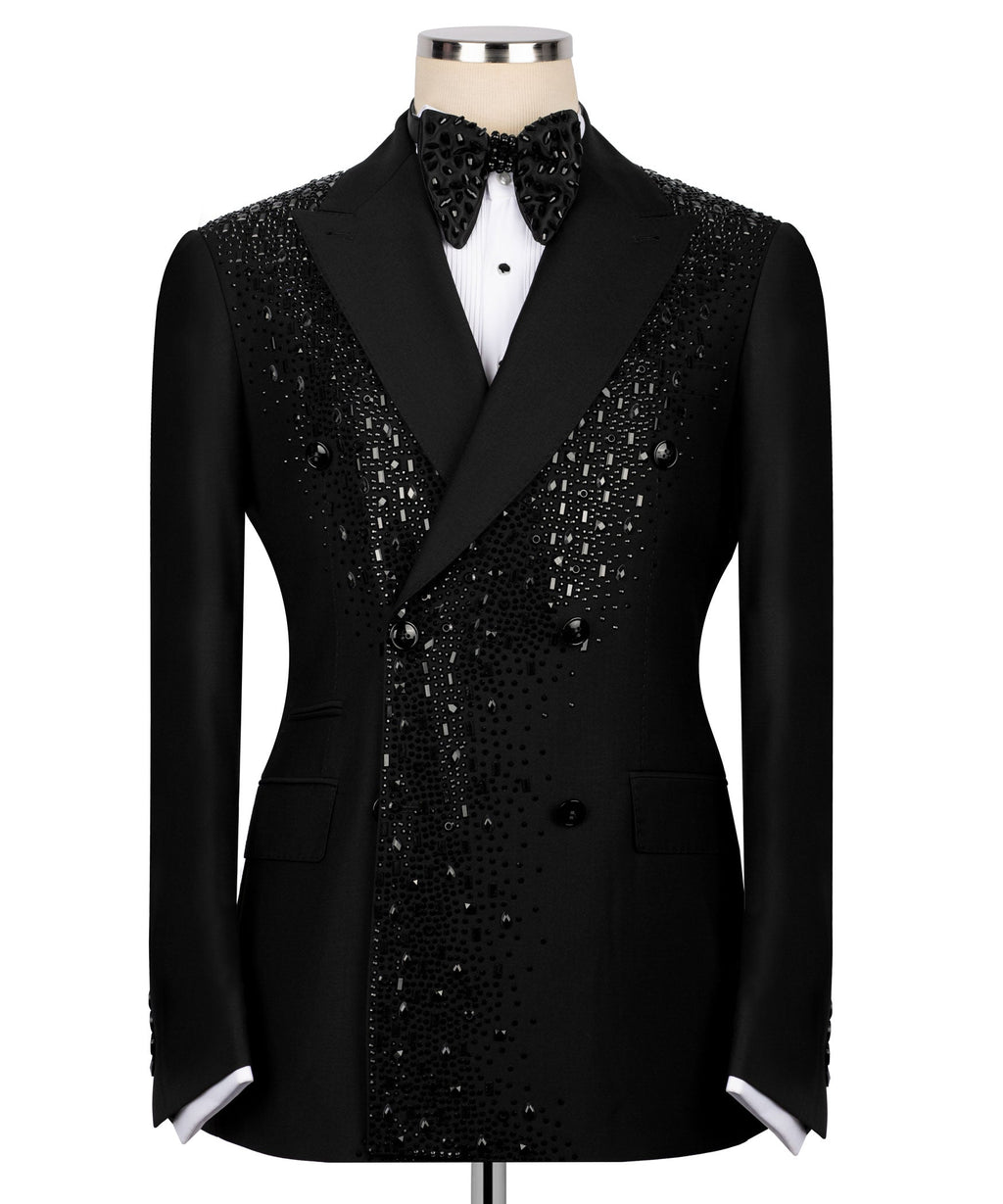 Black tuxedo blazer with sparkling embroidered front, satin bow tie and notch lapels