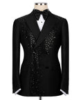 Black tuxedo blazer with sparkling embroidered front, satin bow tie and notch lapels