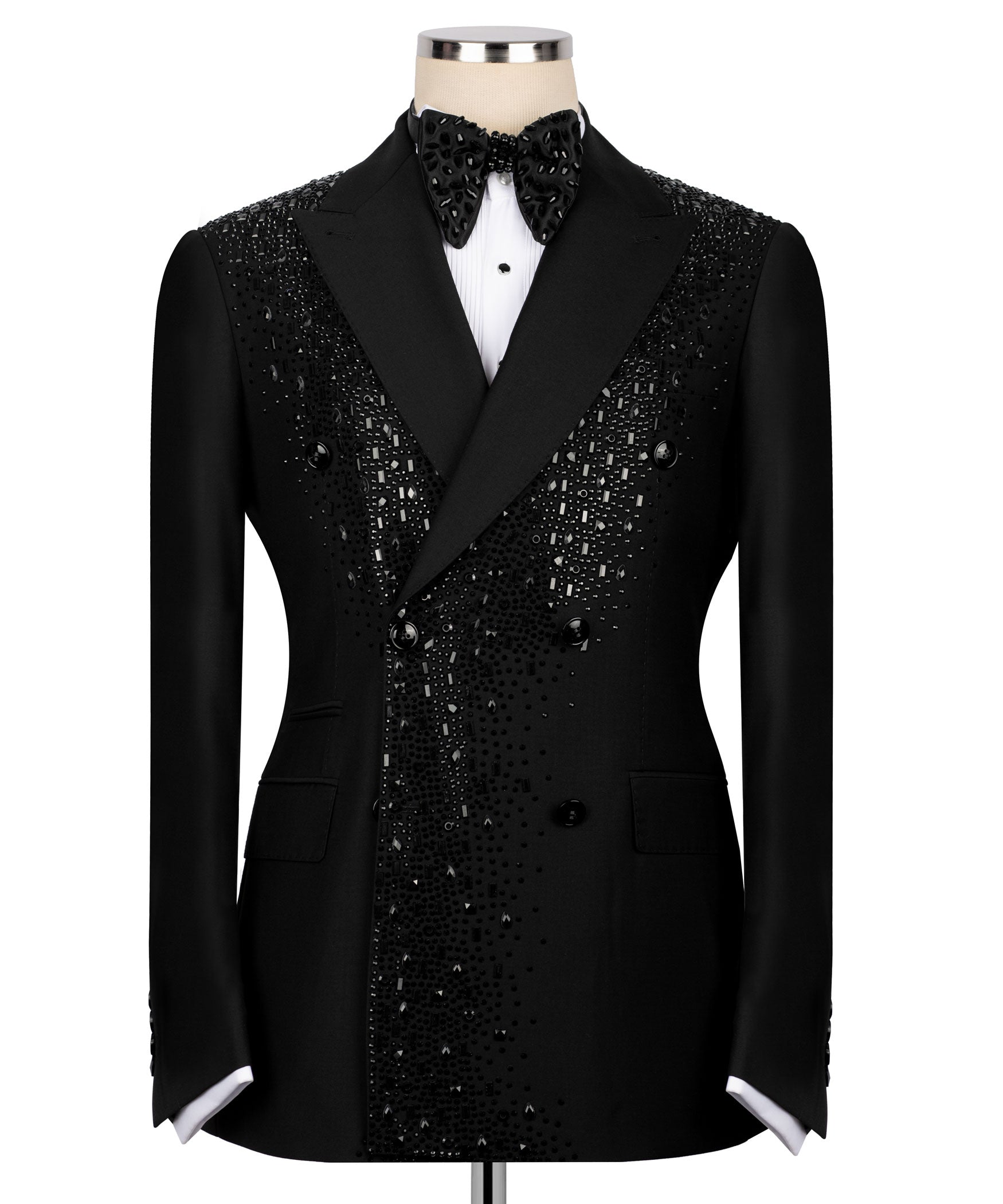 Black tuxedo blazer with sparkling embroidered front, satin bow tie and notch lapels