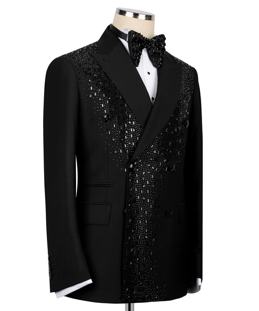 Black embroidered tuxedo blazer with satin bow tie, single-breasted front and peak lapels