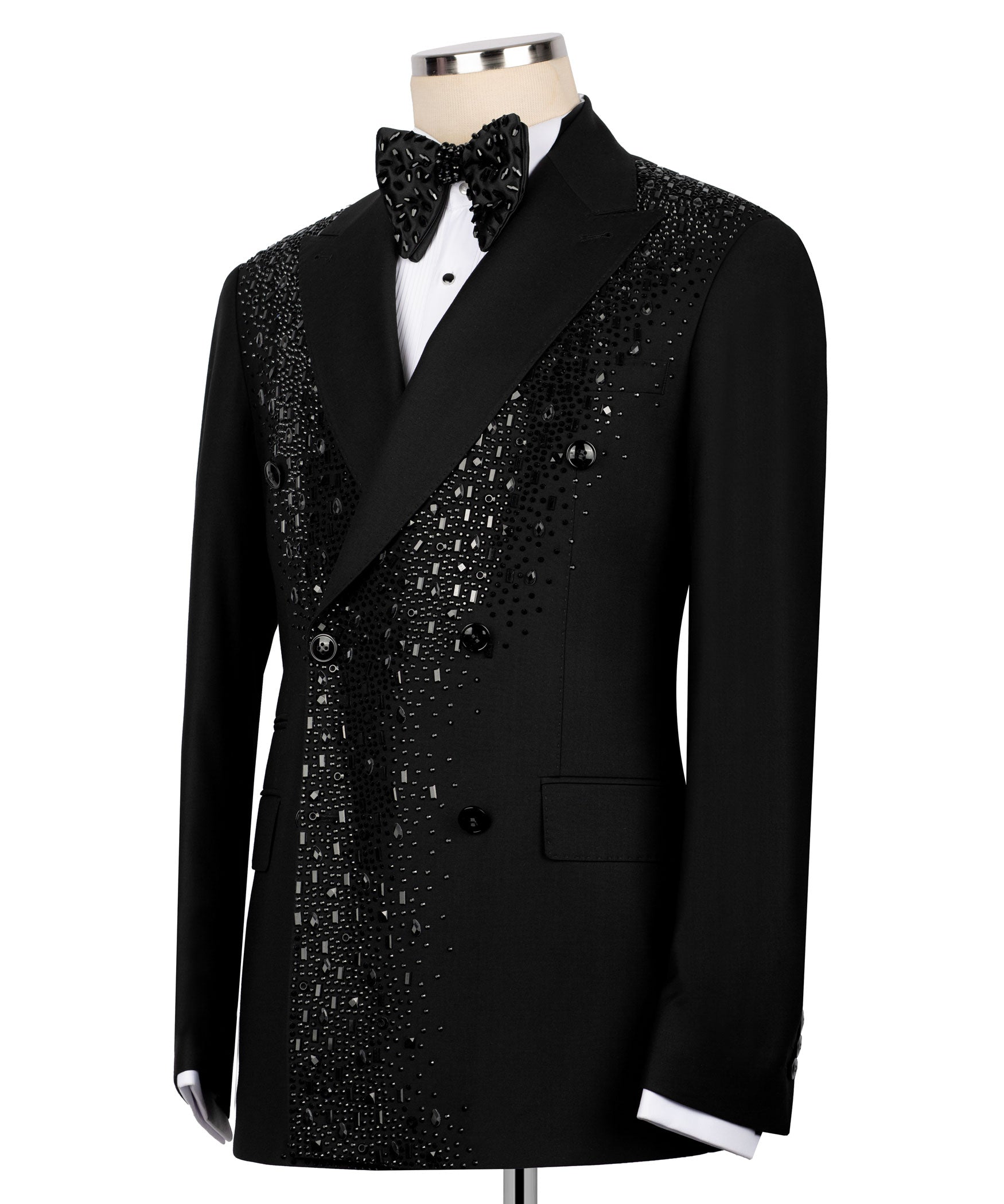 Black embroidered tuxedo blazer with bow tie, button front, and flap pockets