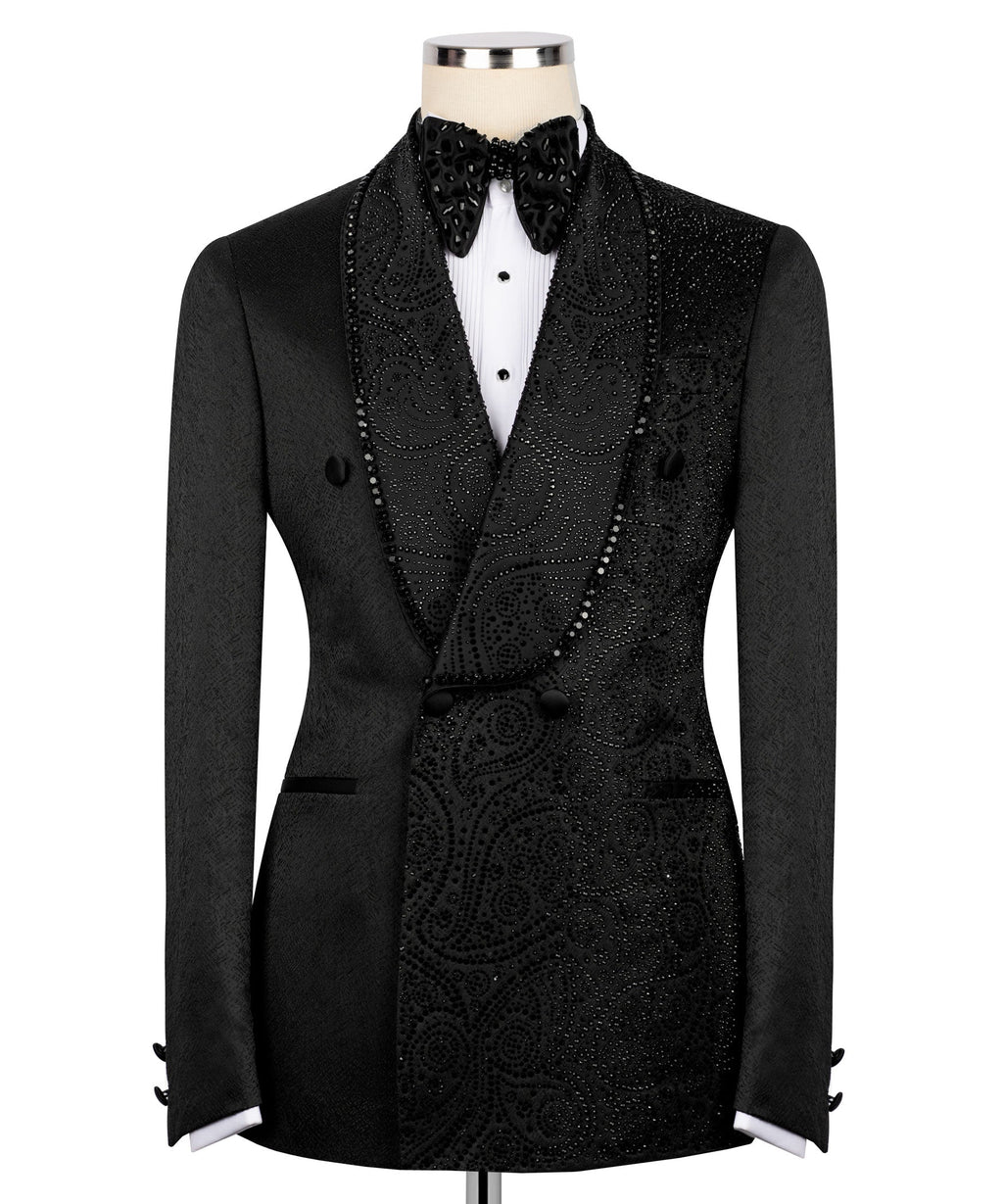 Black embroidered tuxedo set with jacket, embellished vest, bow tie and white shirt