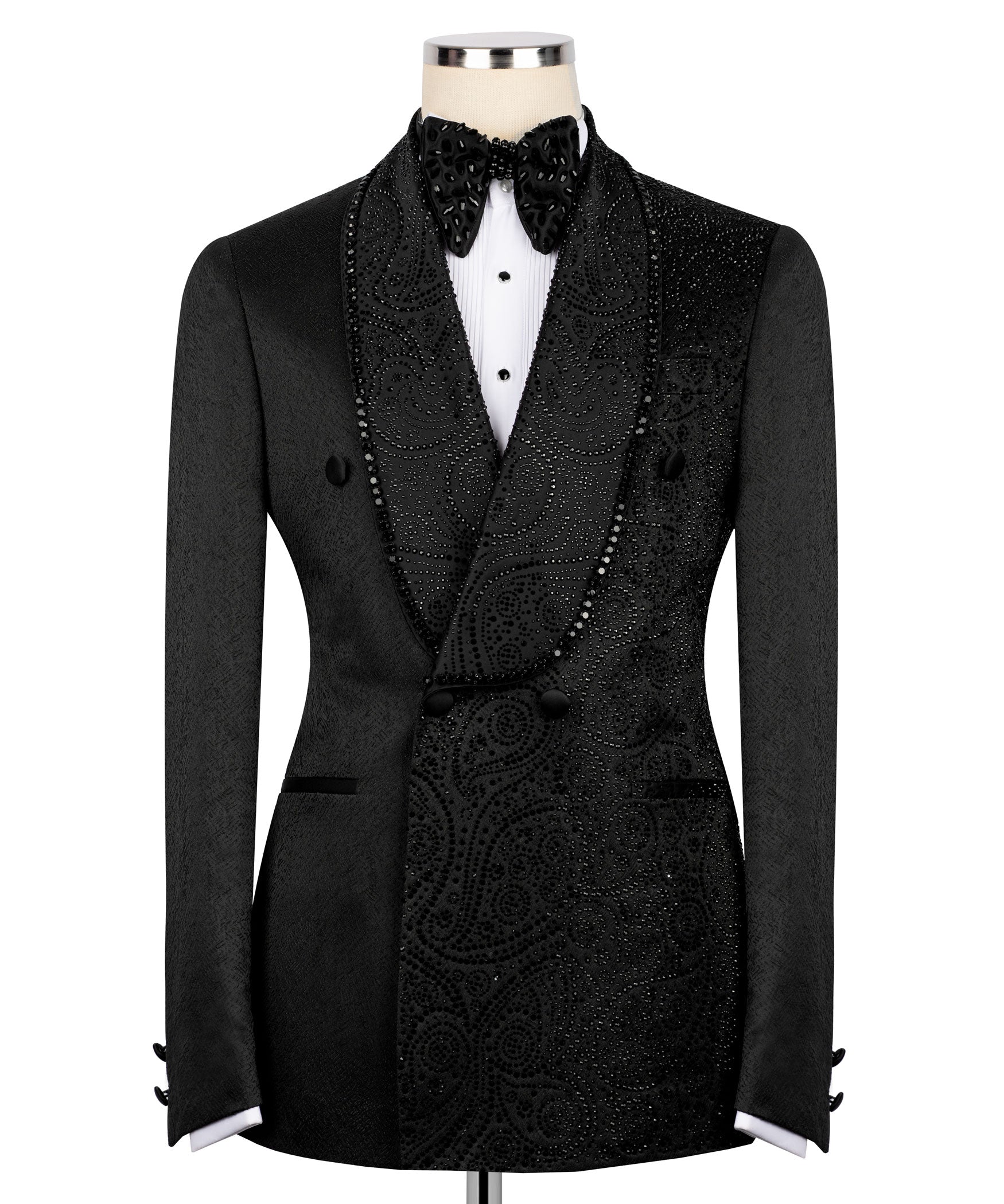 Black embroidered tuxedo set with jacket, embellished vest, bow tie and white shirt