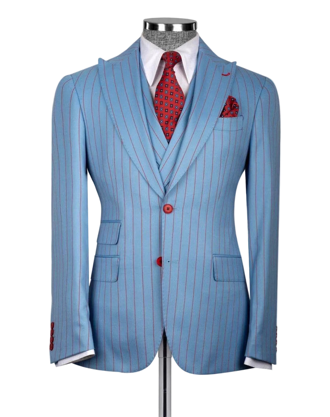 A light blue pinstripe suit jacket displayed on a mannequin torso, styled with a white dress shirt, a red patterned tie, and a matching red pocket square against a light gray background.
