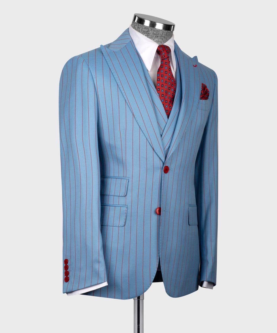 Blue pinstripe suit with red accents on a mannequin against a white background